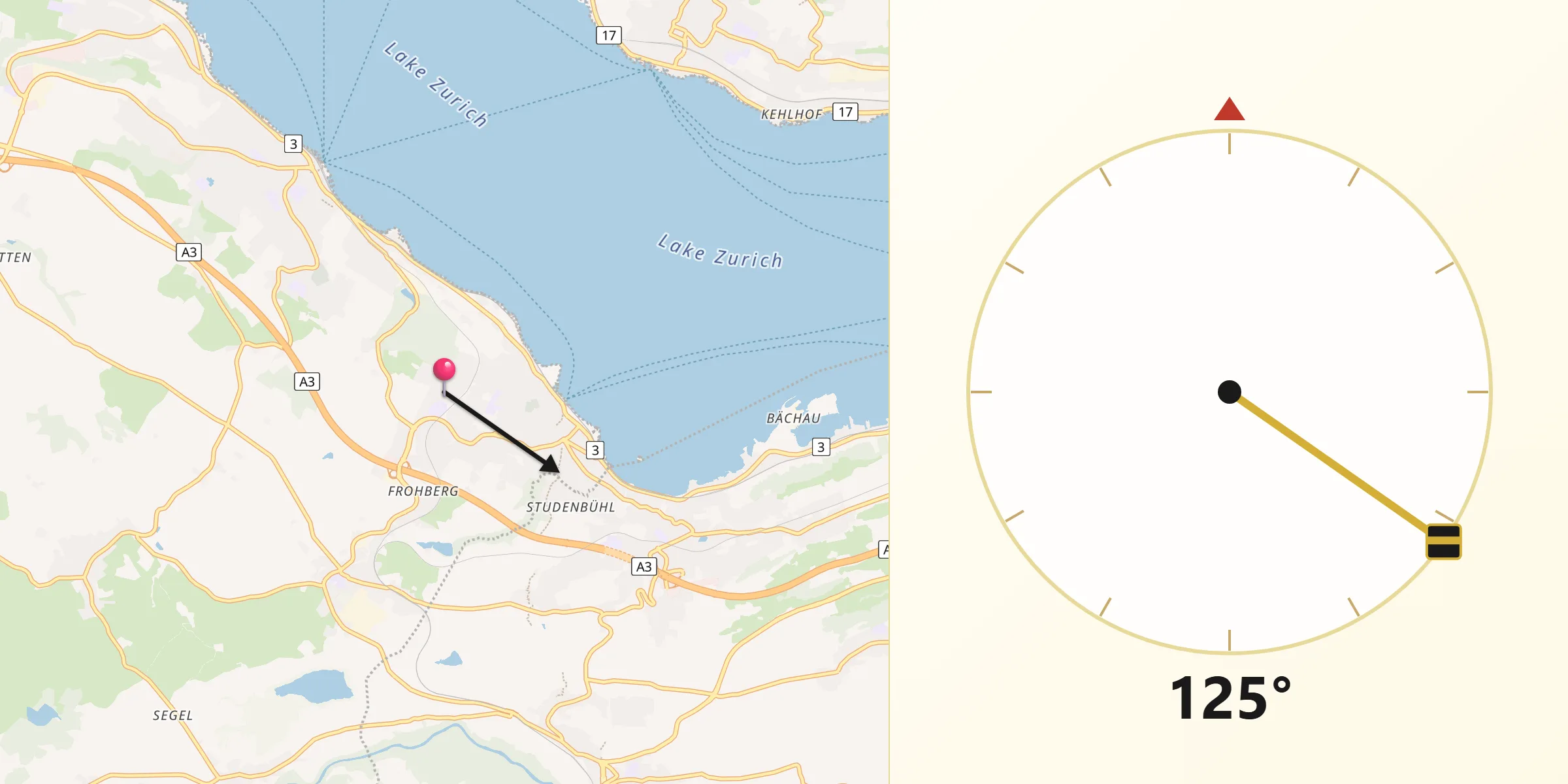 Direction vers la Qibla depuis Richterswil / Burghalde