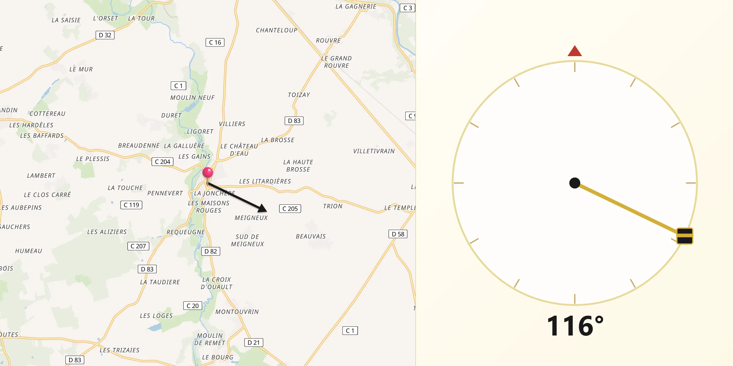 Direction vers la Qibla depuis Tauxigny