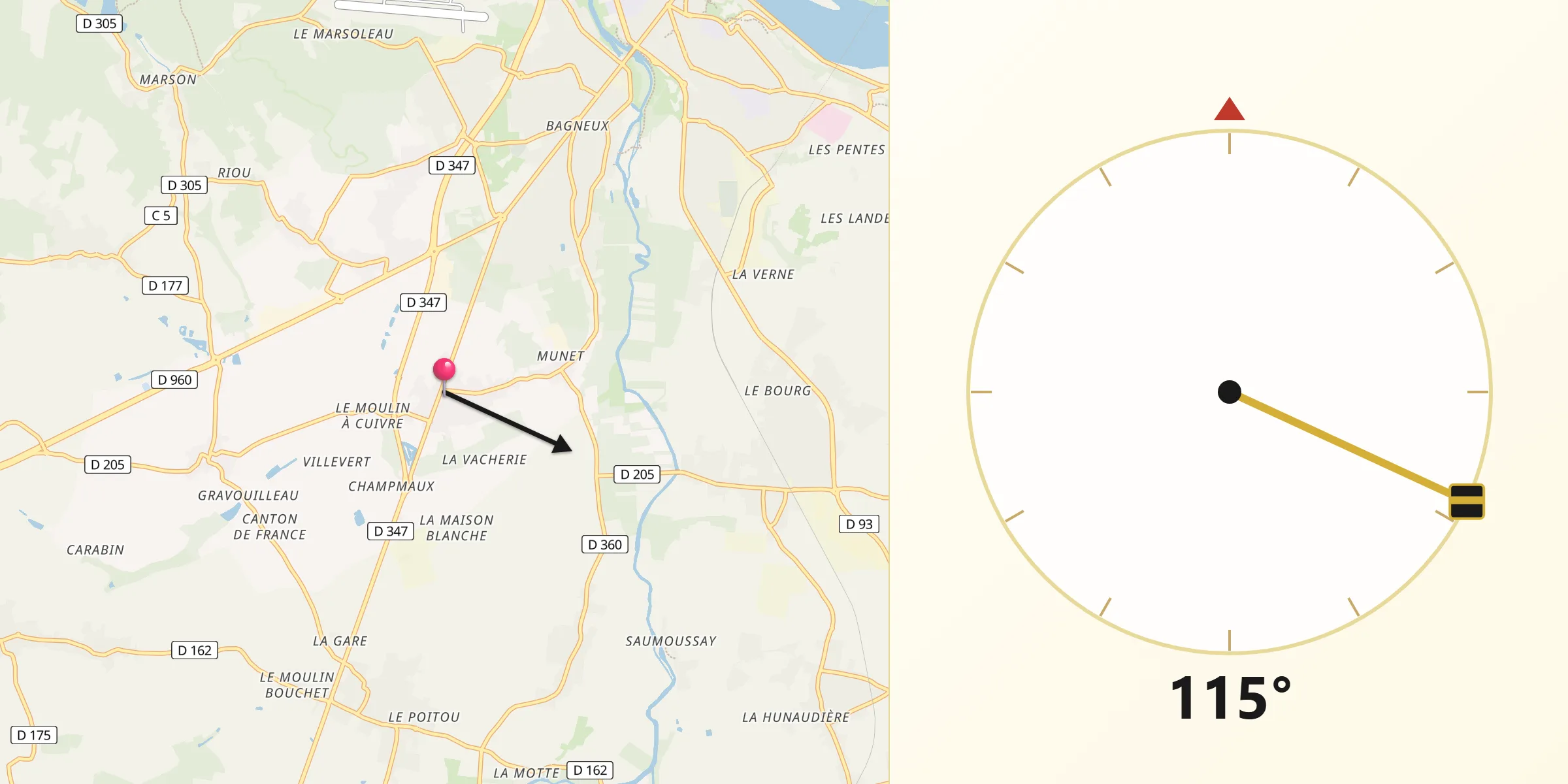 Direction vers la Qibla depuis Distré