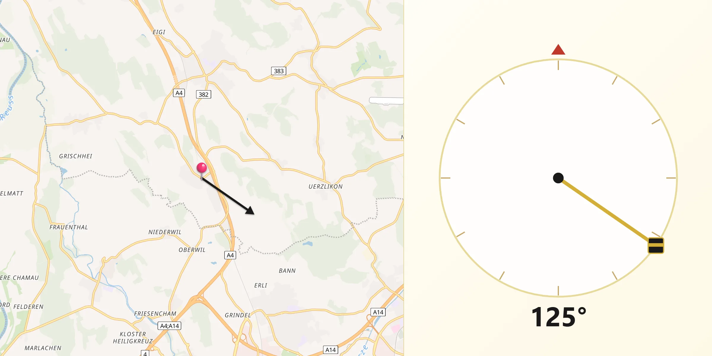 Direction vers la Qibla depuis Knonau