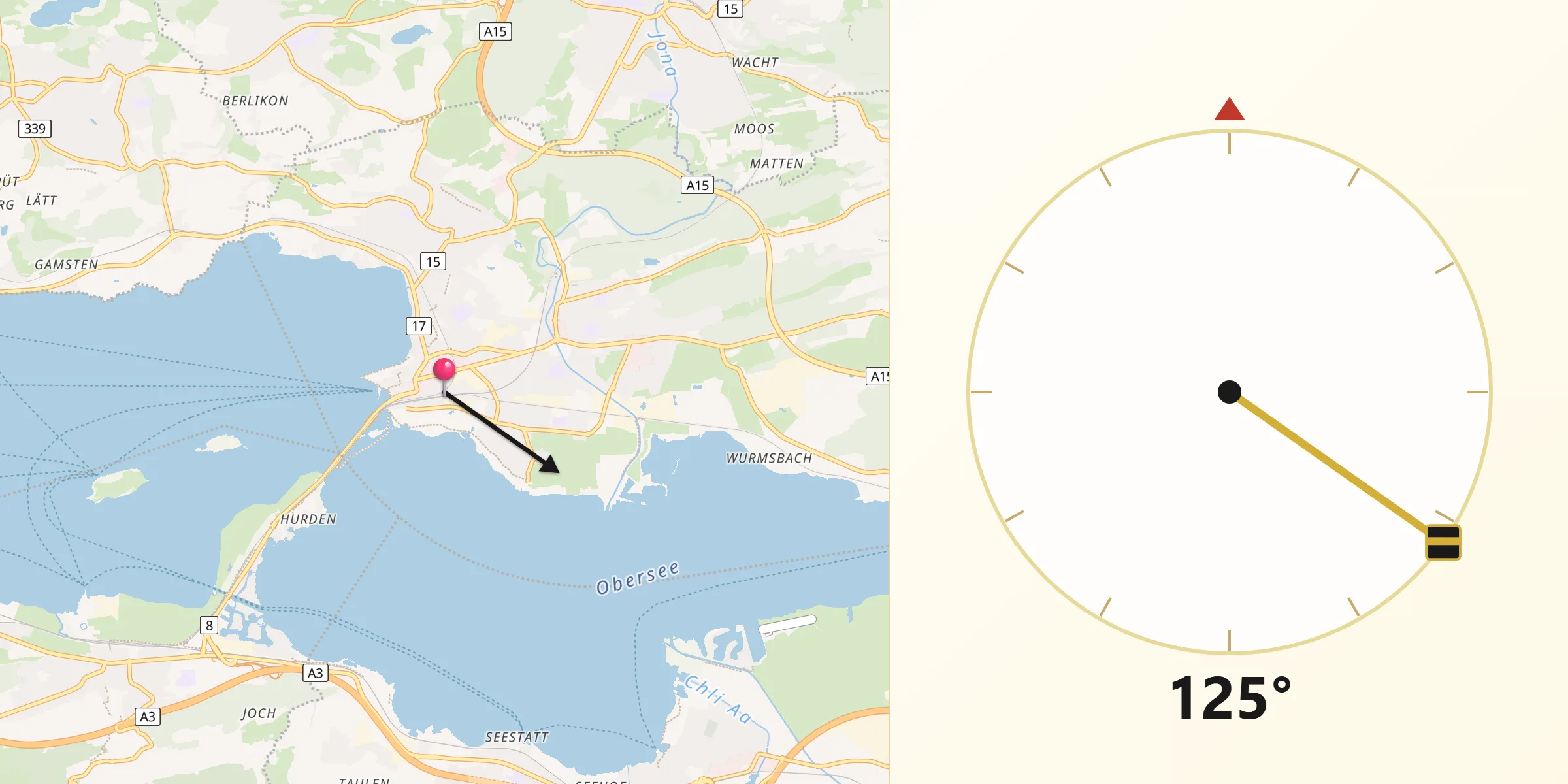 Direction vers la Qibla depuis Rapperswil