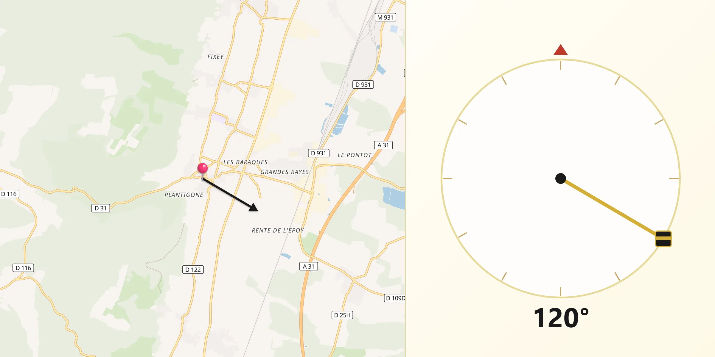 Direction vers la Qibla depuis Gevrey-Chambertin
