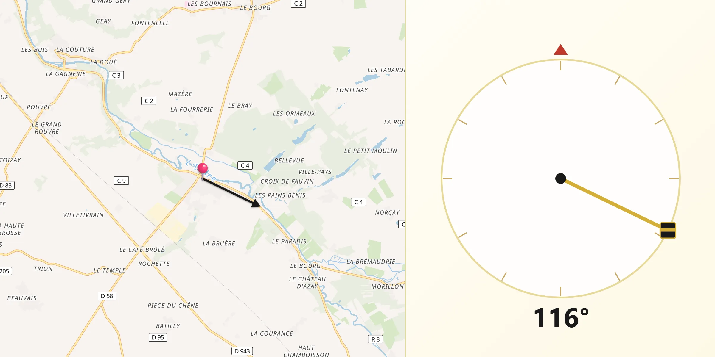 Direction vers la Qibla depuis Reignac-sur-Indre