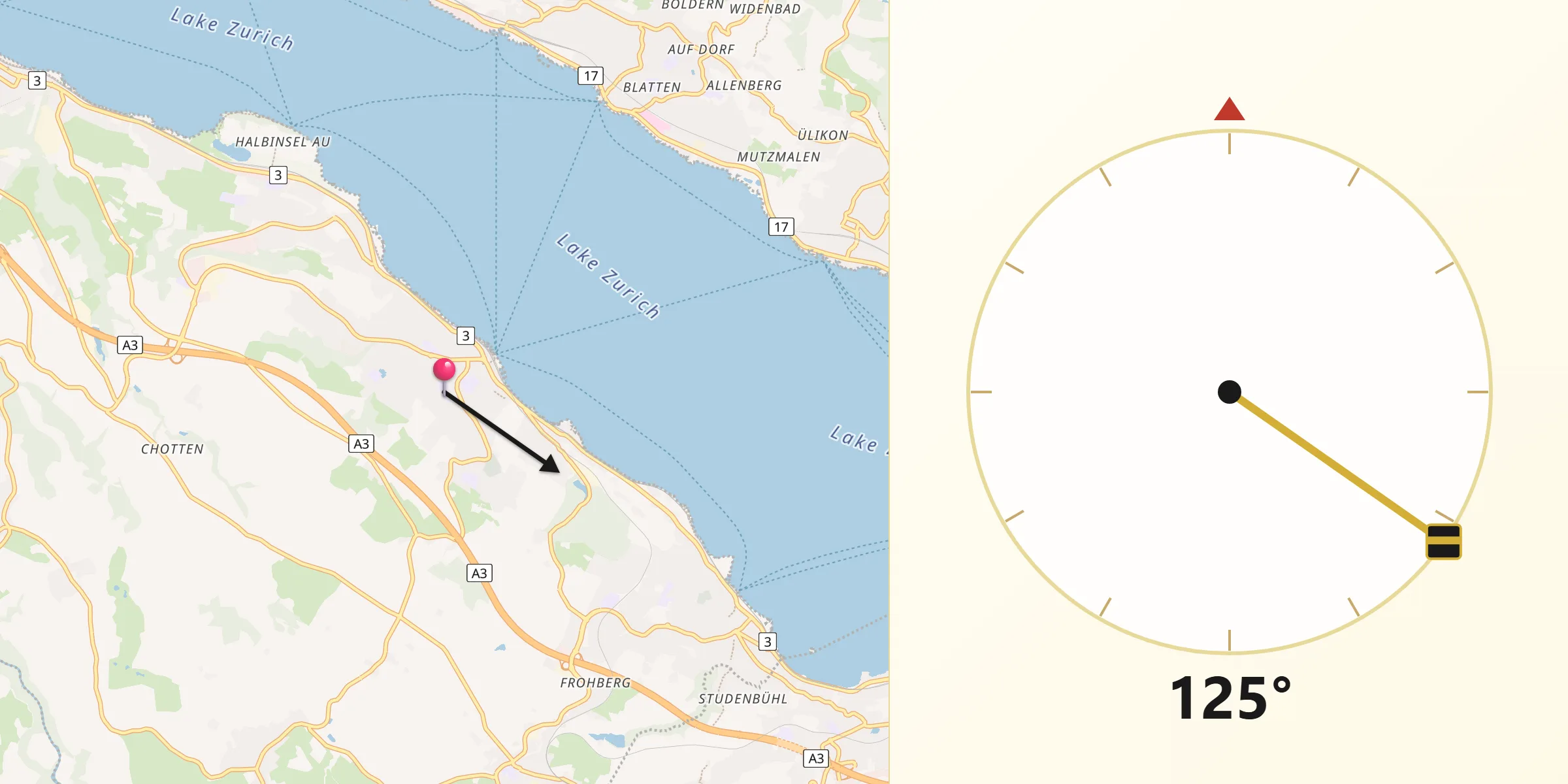 Direction vers la Qibla depuis Wädenswil