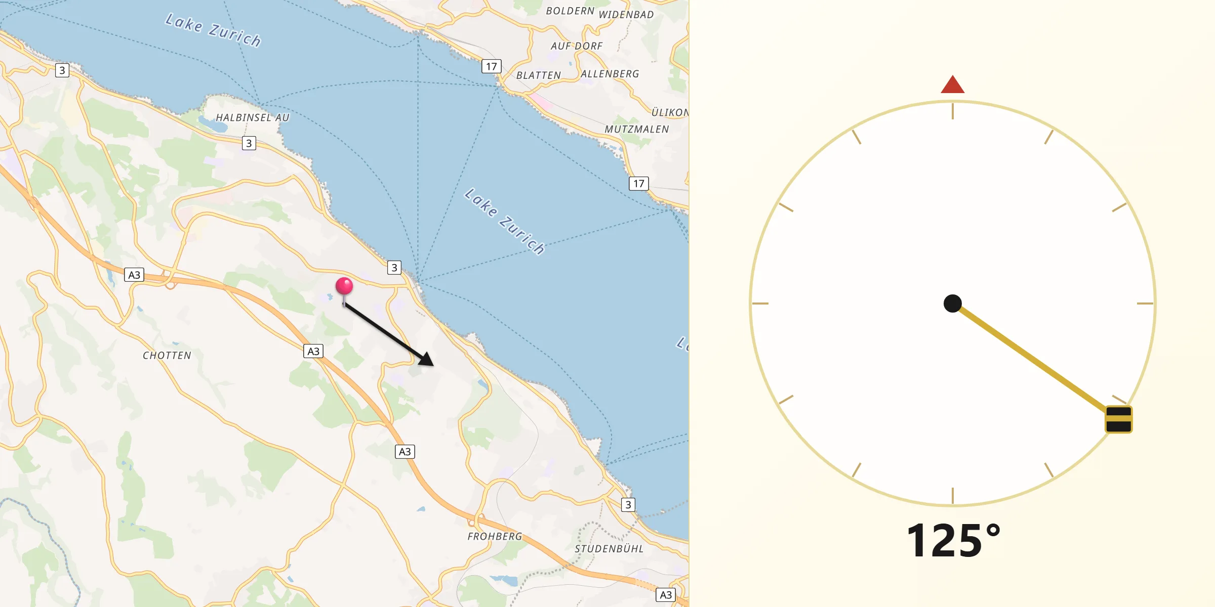 Qibla-Richtung von Wädenswil / Untermosen-Fuhr