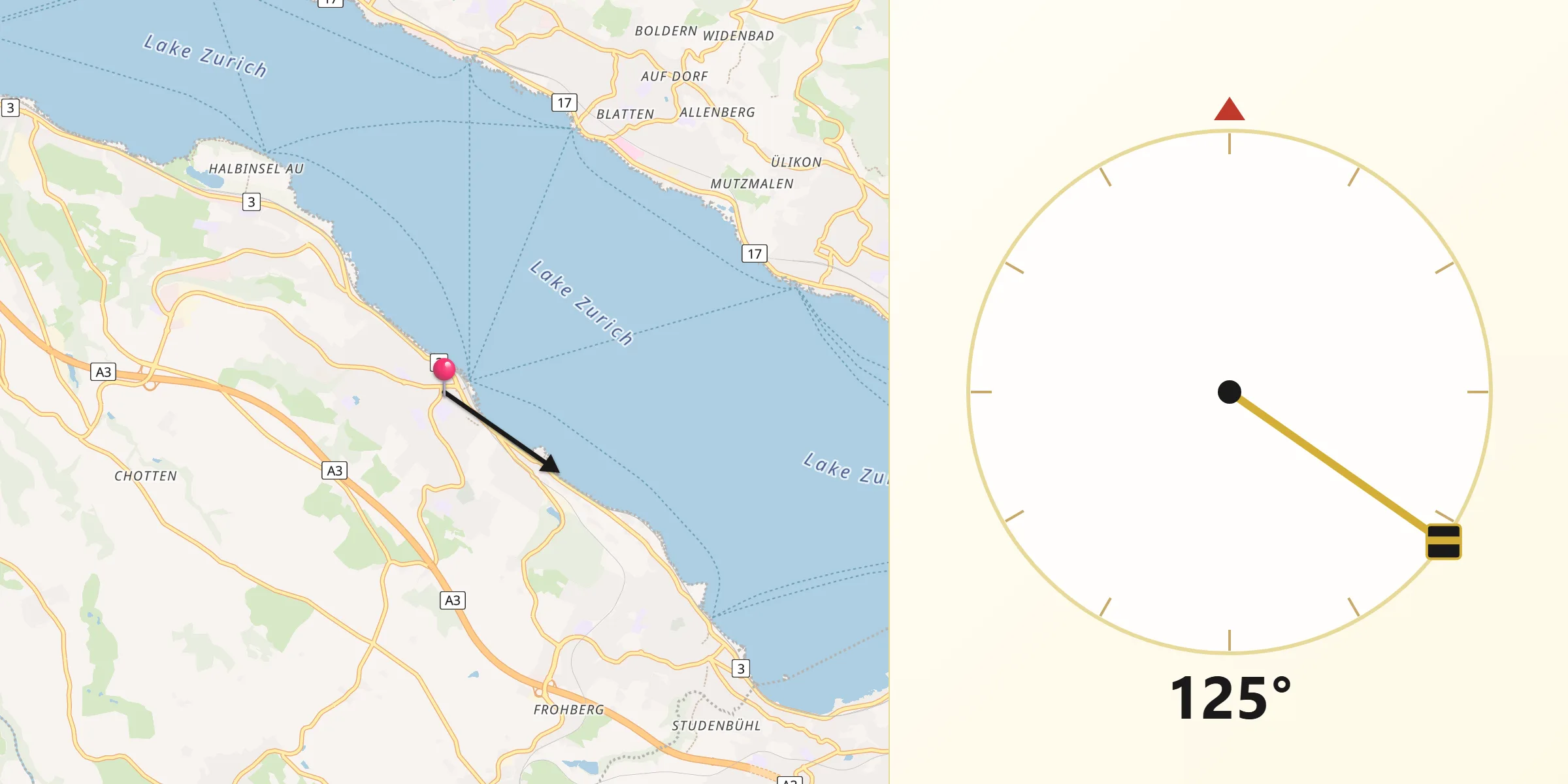 Qibla-Richtung von Wädenswil / Dorf (Wädenswil)
