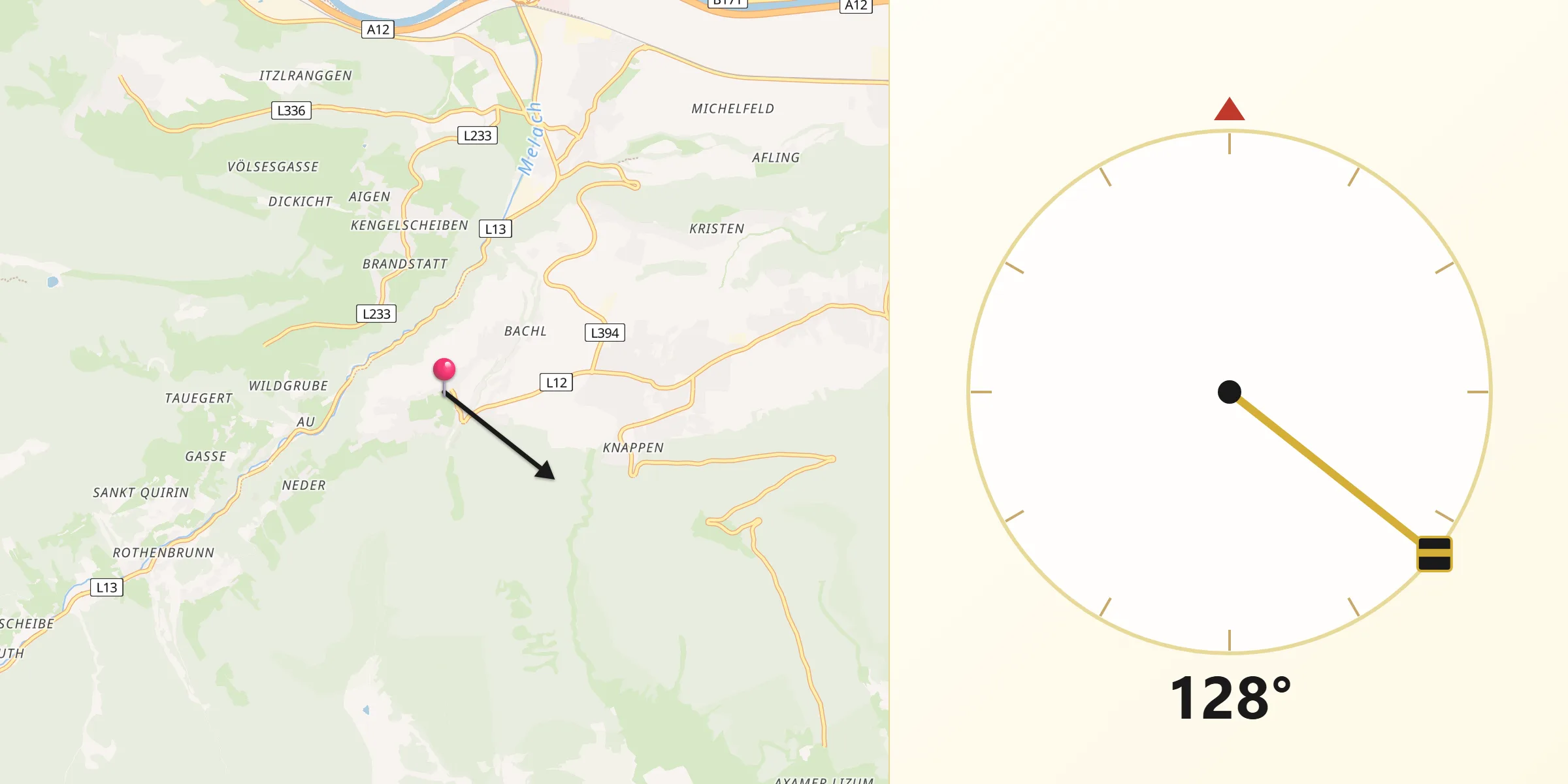 Qibla-Richtung von Grinzens