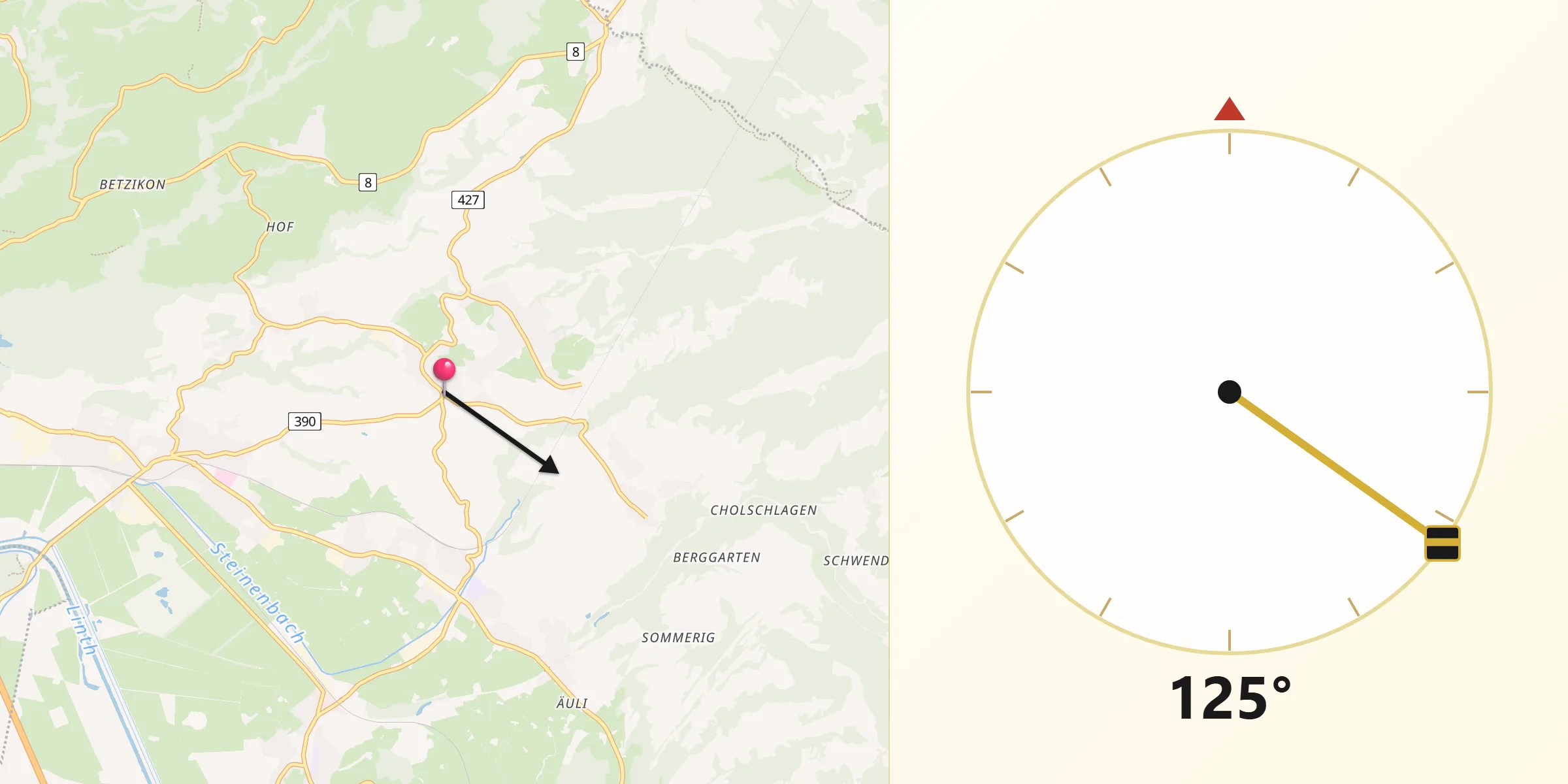 Direction vers la Qibla depuis Gommiswald