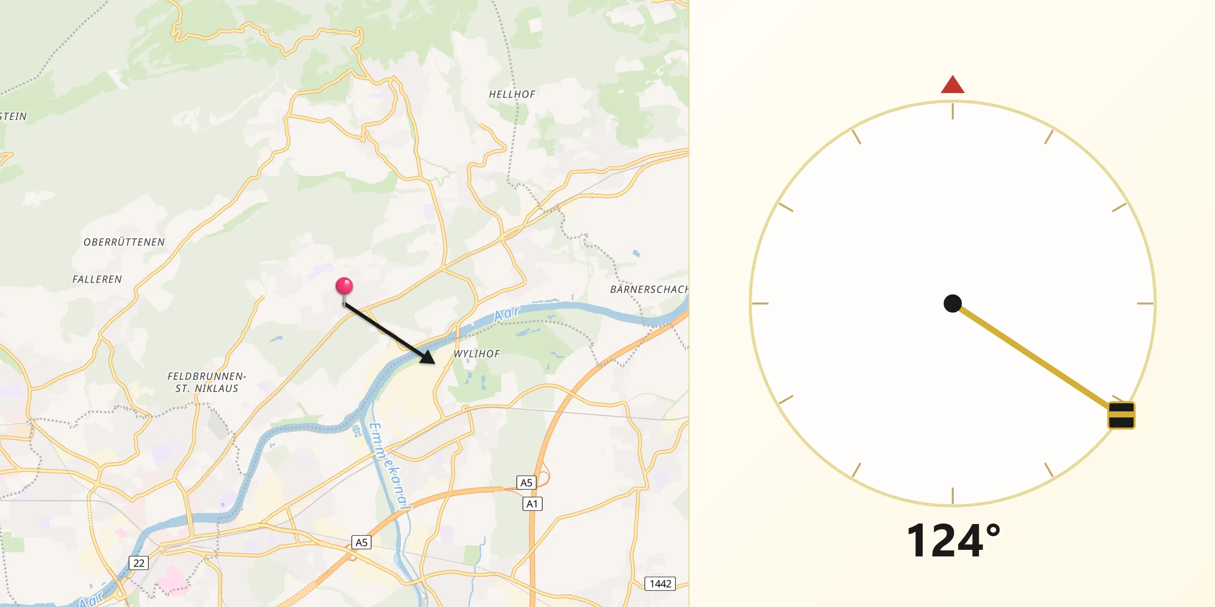 Direction vers la Qibla depuis Riedholz