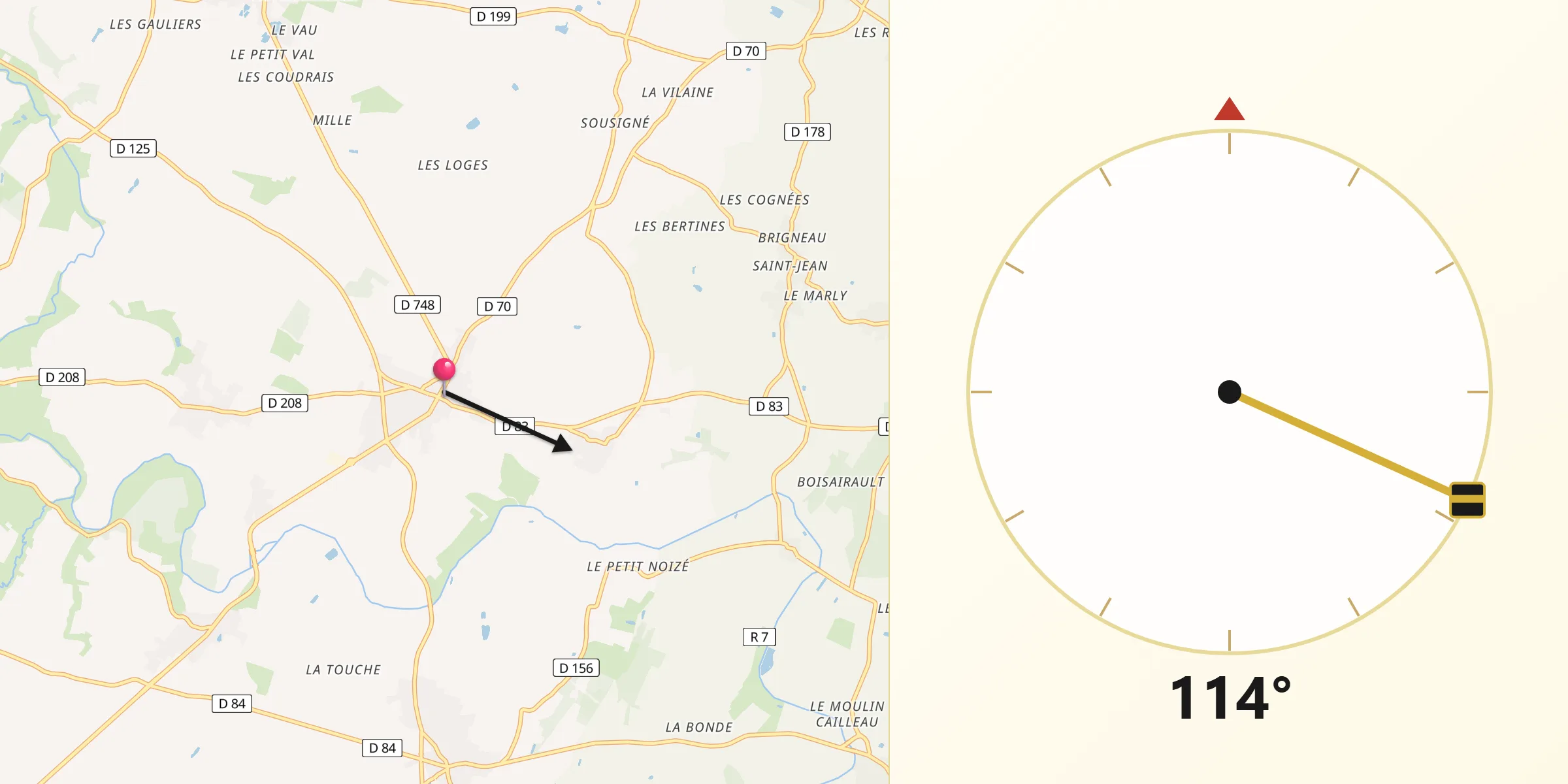 Direction vers la Qibla depuis Martigné-Briand