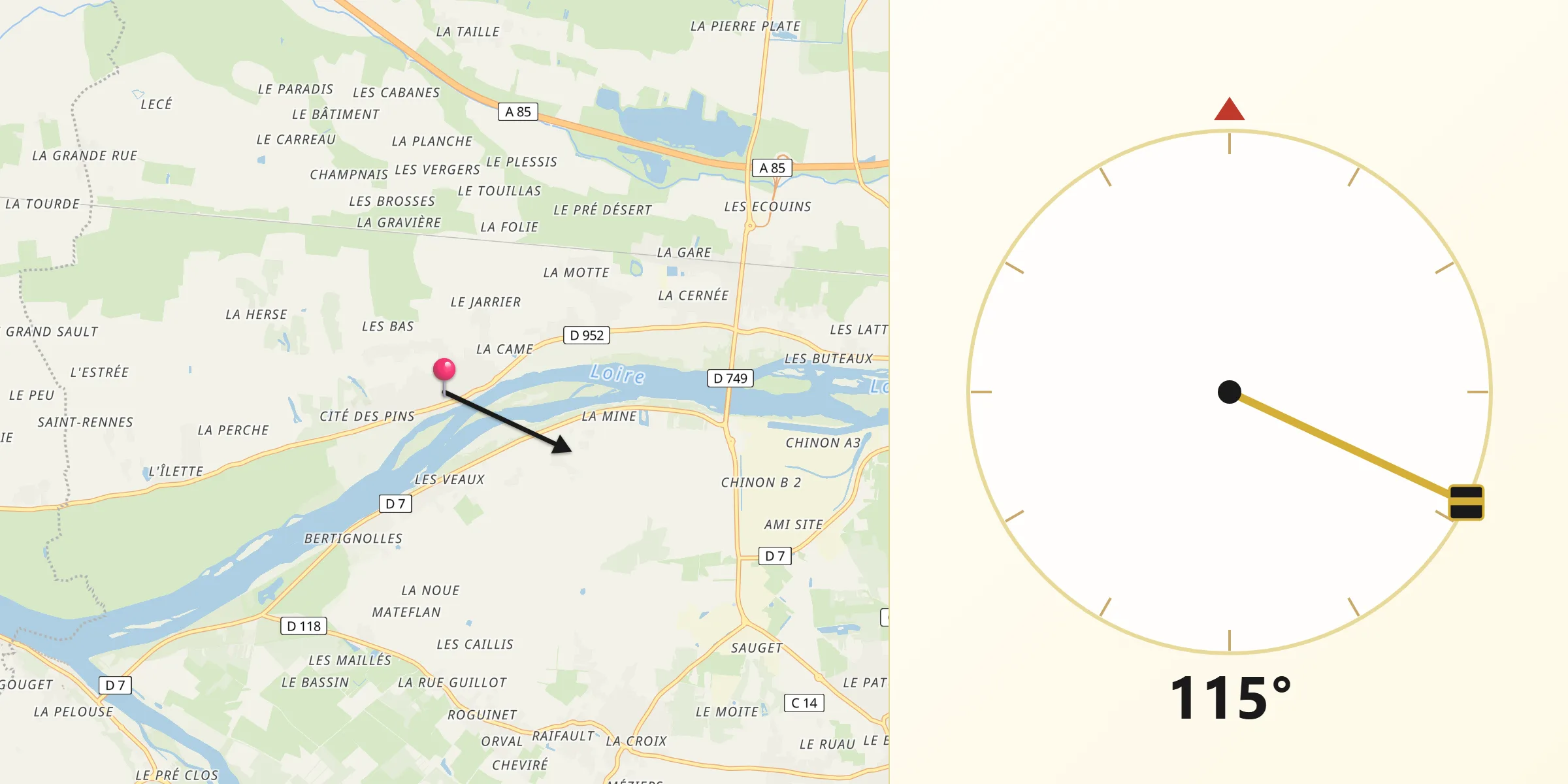 Direction vers la Qibla depuis Chouzé-sur-Loire