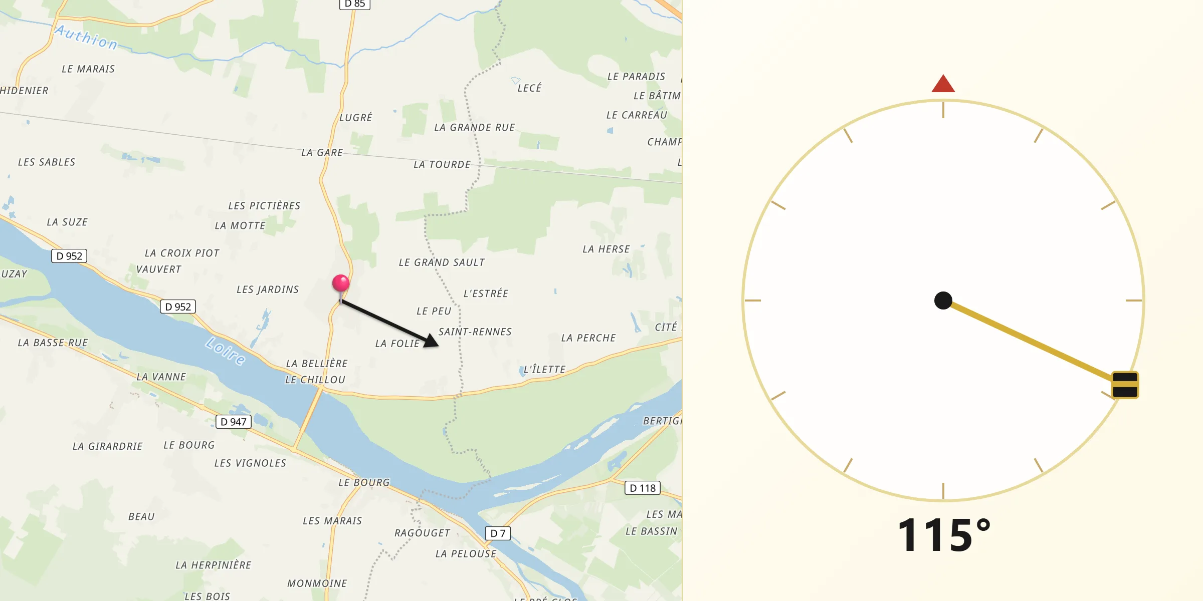 Direction vers la Qibla depuis Varennes-sur-Loire