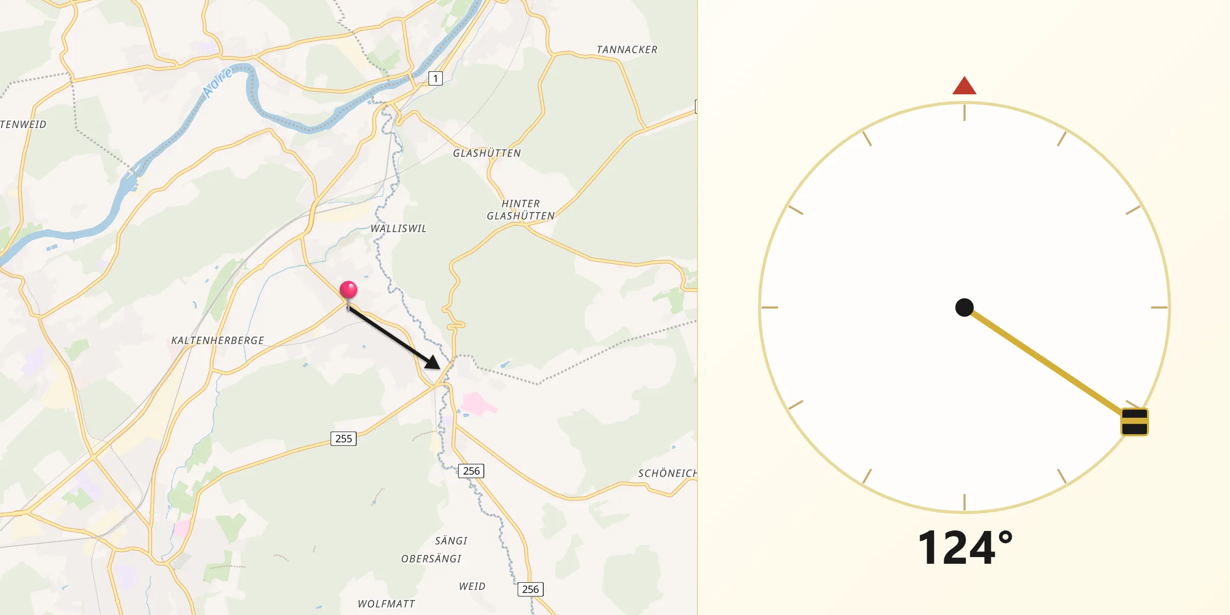 Direction vers la Qibla depuis Roggwil