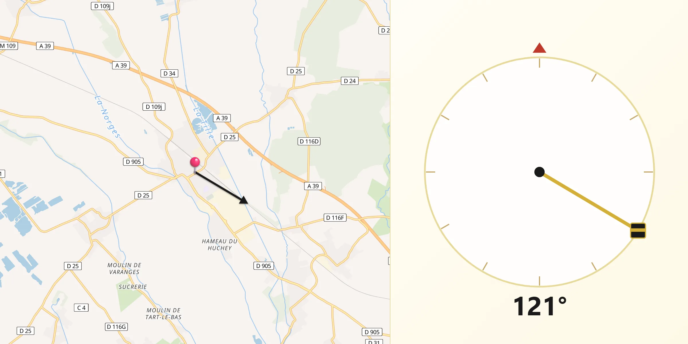 Direction vers la Qibla depuis Genlis
