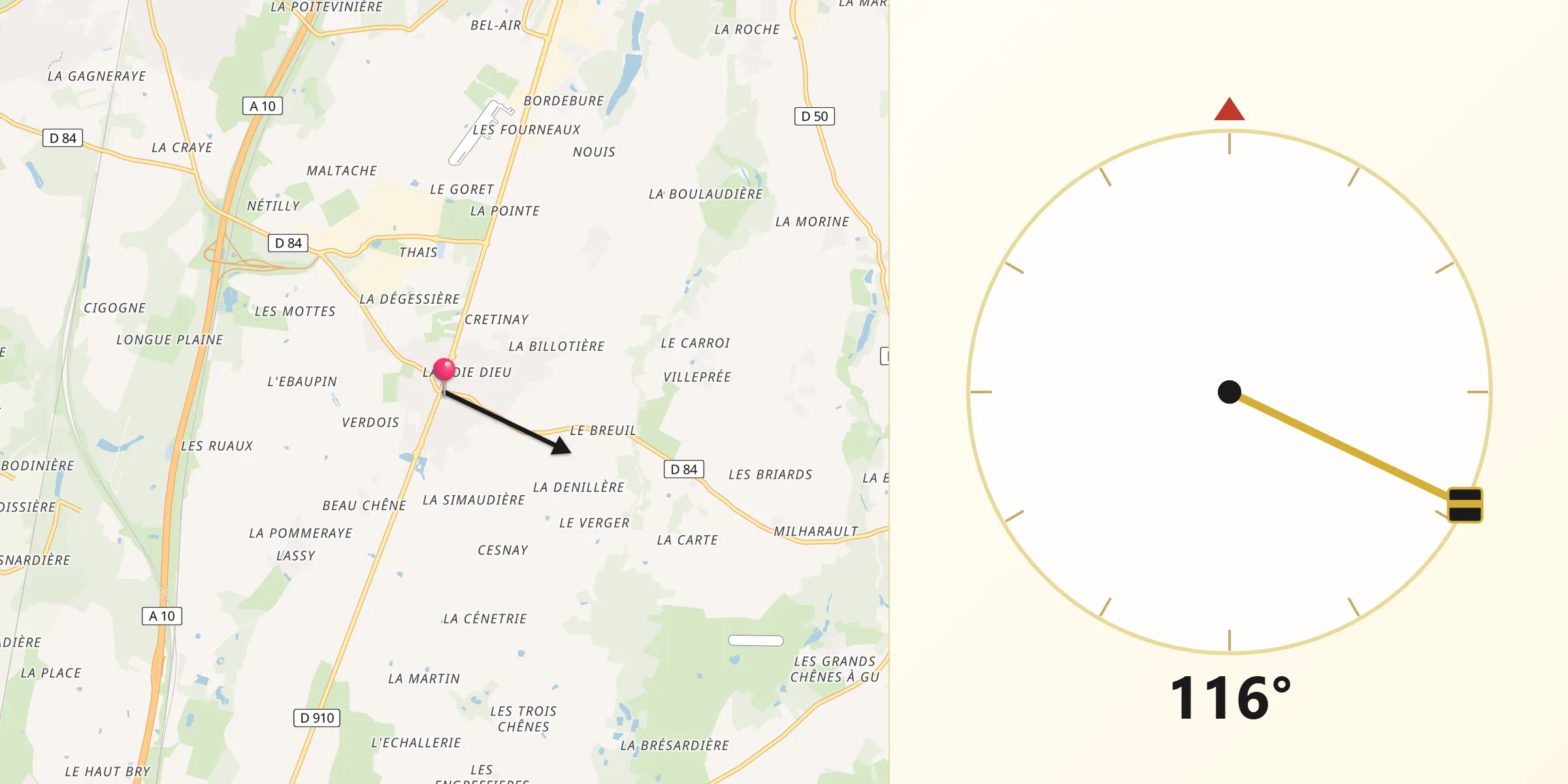 Direction vers la Qibla depuis Sorigny