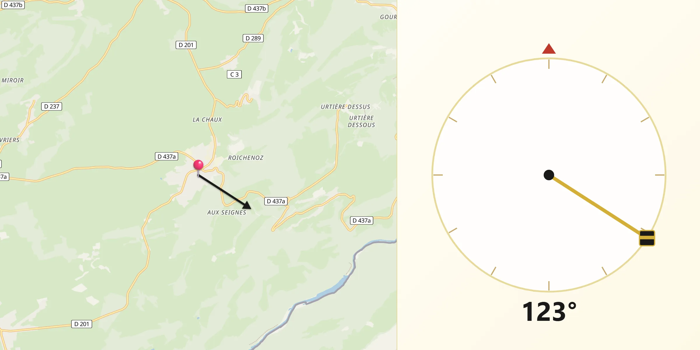 Direction vers la Qibla depuis Damprichard