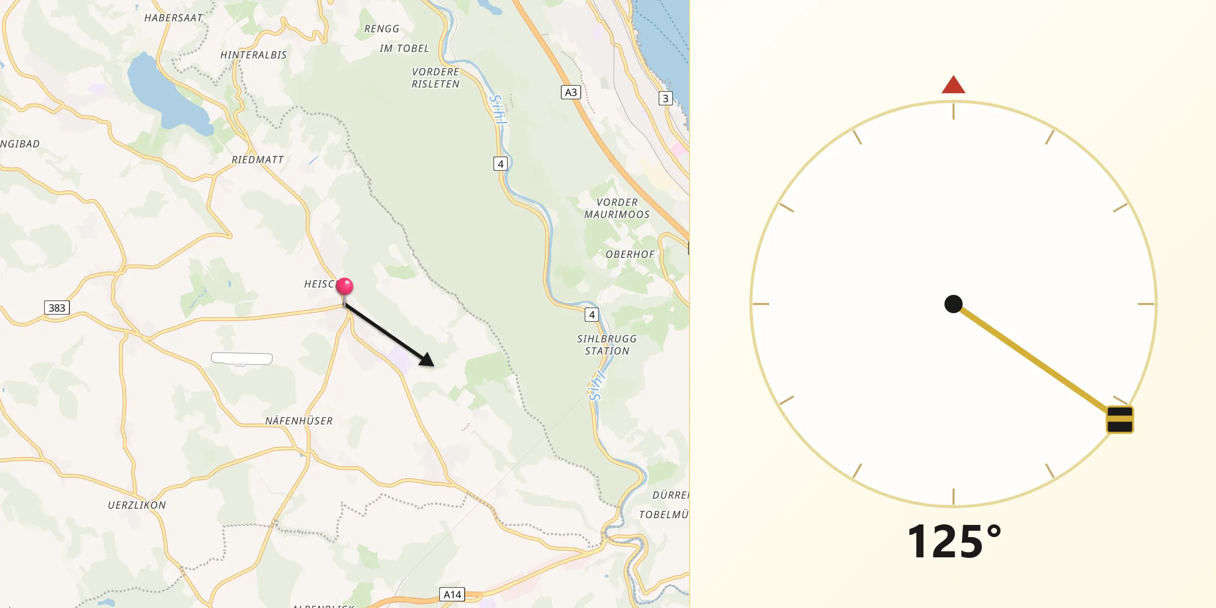 Qibla-Richtung von Hausen am Albis / Hausen (Dorf)