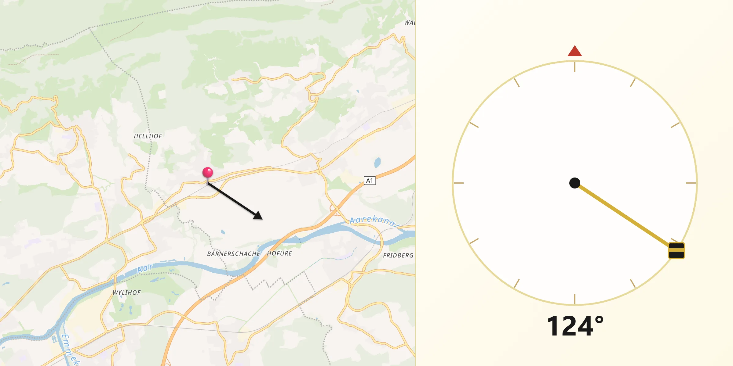 Direction vers la Qibla depuis Attiswil