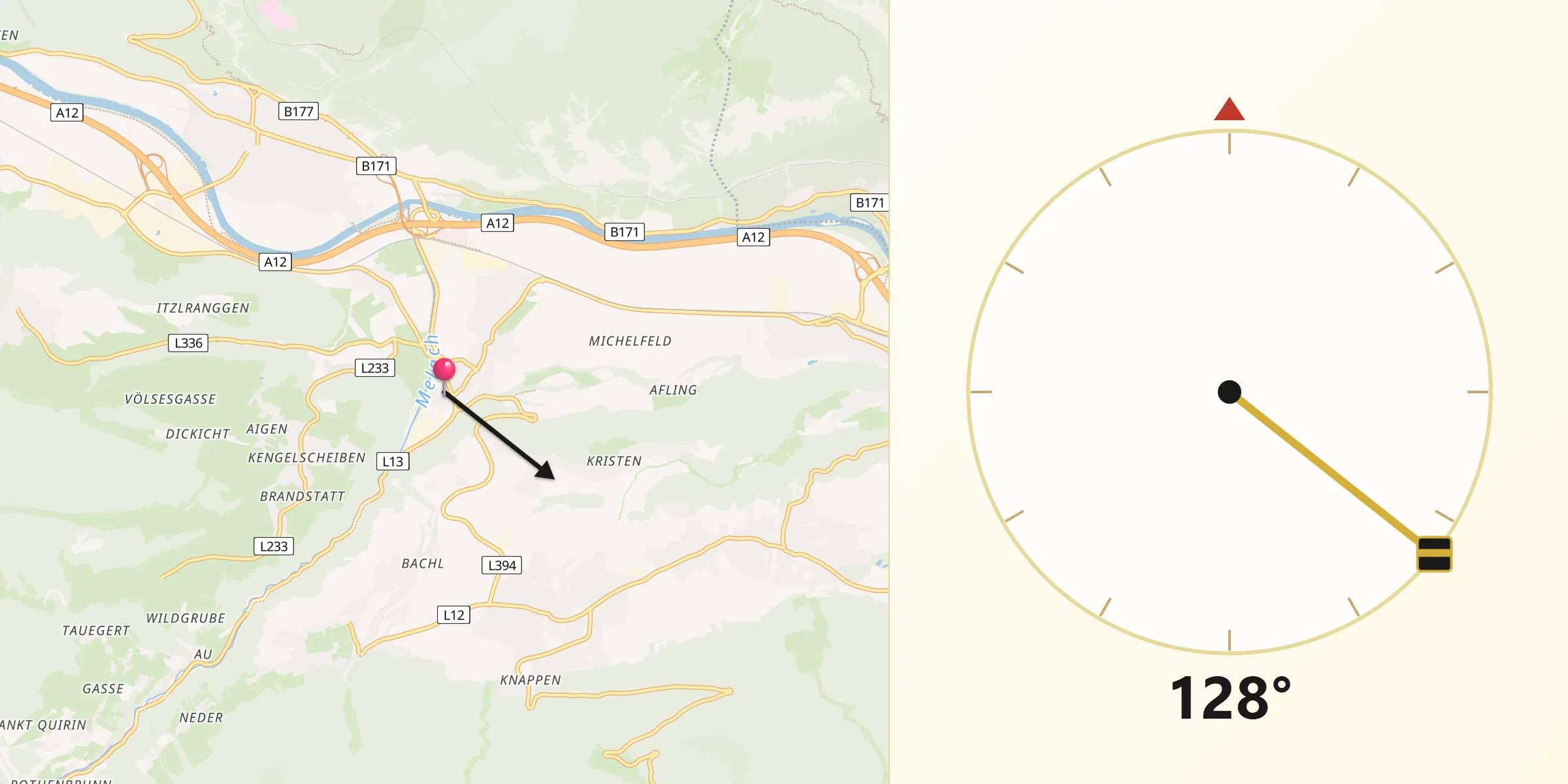 Qibla-Richtung von Kematen in Tirol