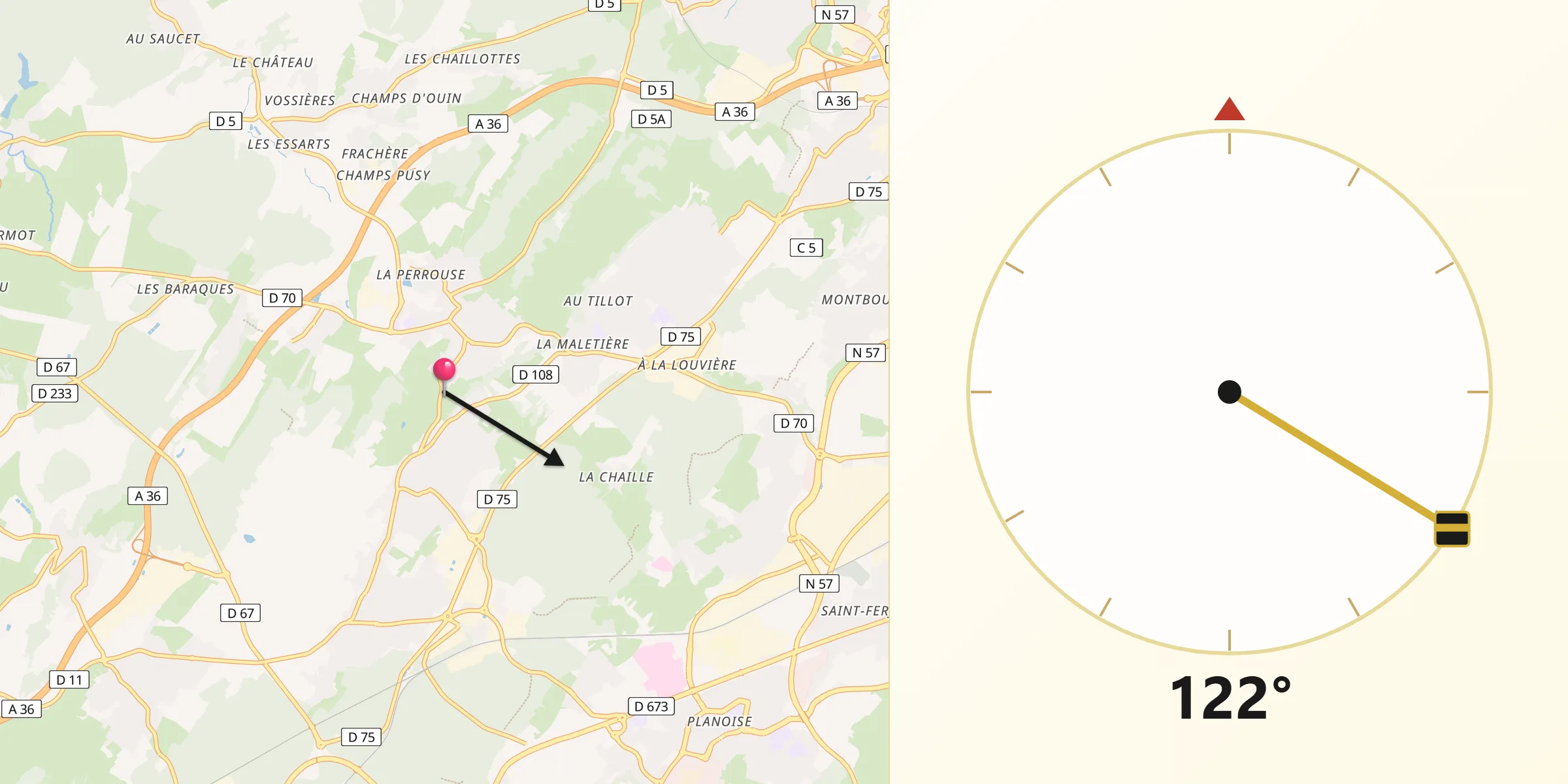 Direction vers la Qibla depuis Serre-les-Sapins