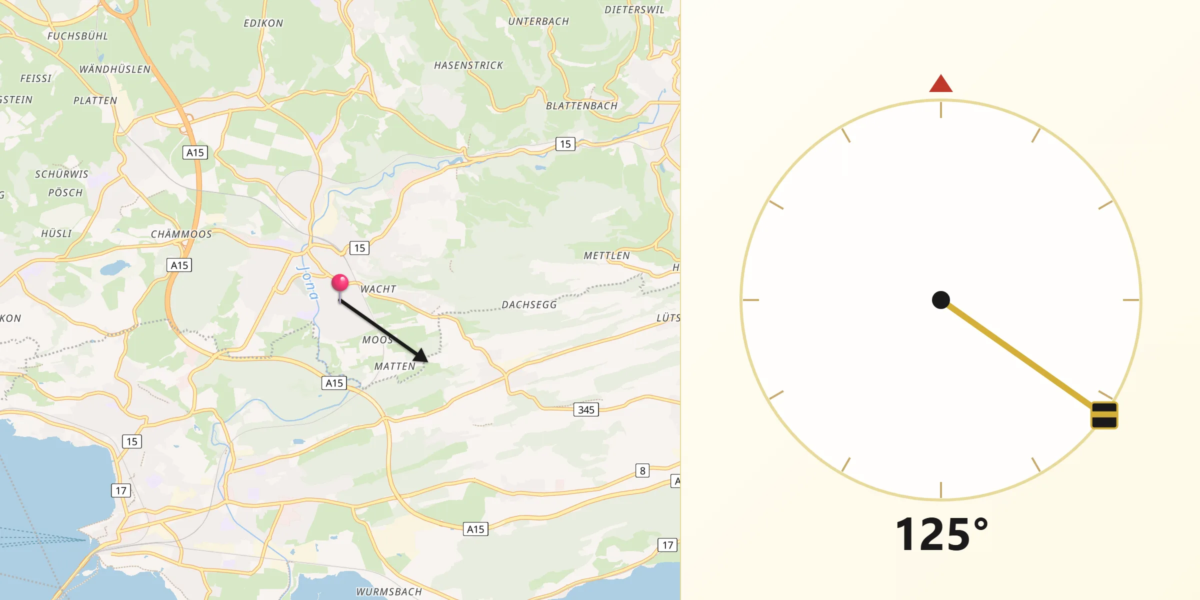 Qibla-Richtung von Rüti / Dorfzentrum Südl. Teil