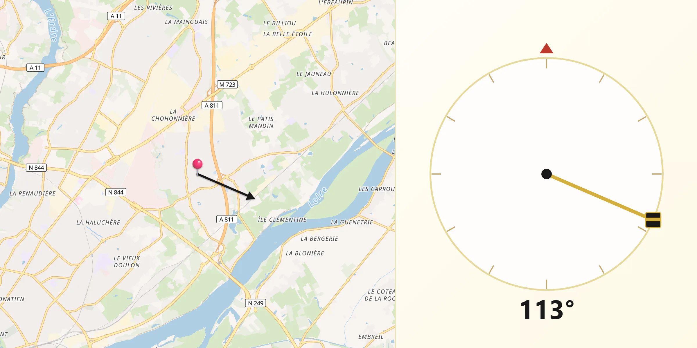 Direction vers la Qibla depuis Sainte-Luce-sur-Loire