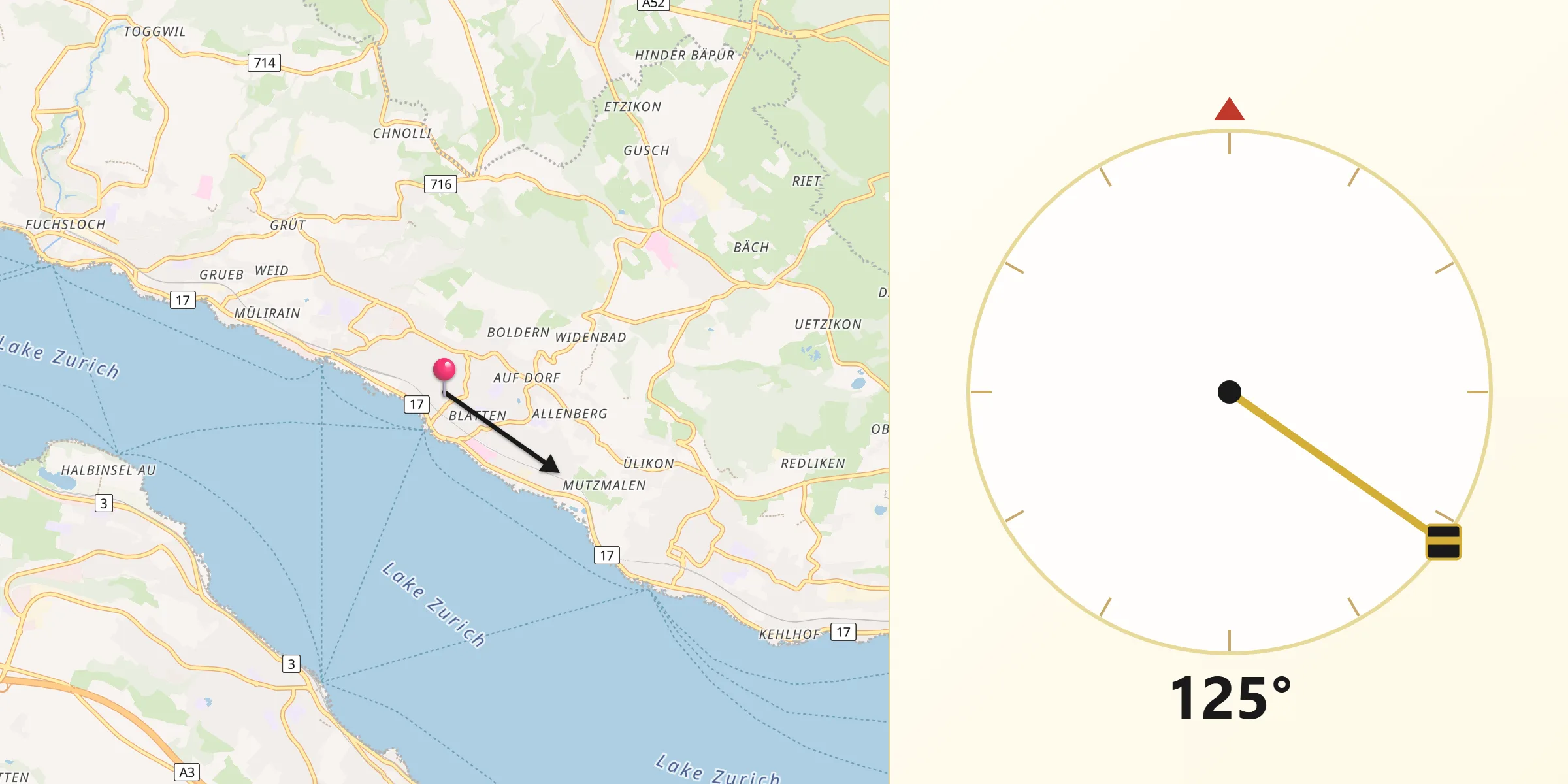 Direzione della Qibla da Männedorf / Dorfkern