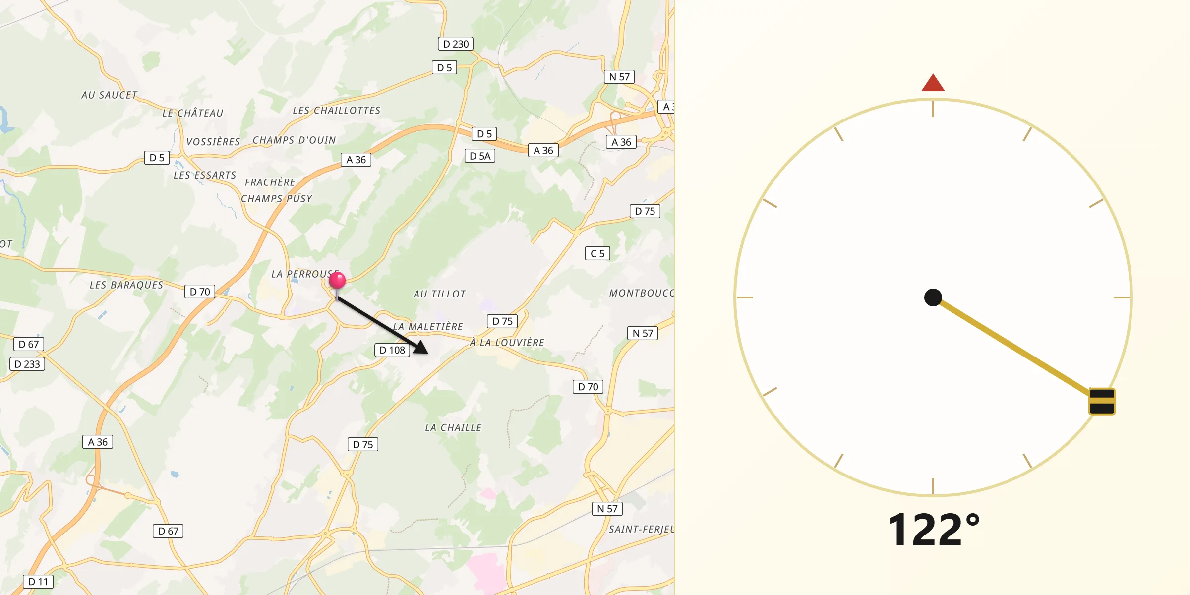 Direction vers la Qibla depuis Pouilley-les-Vignes