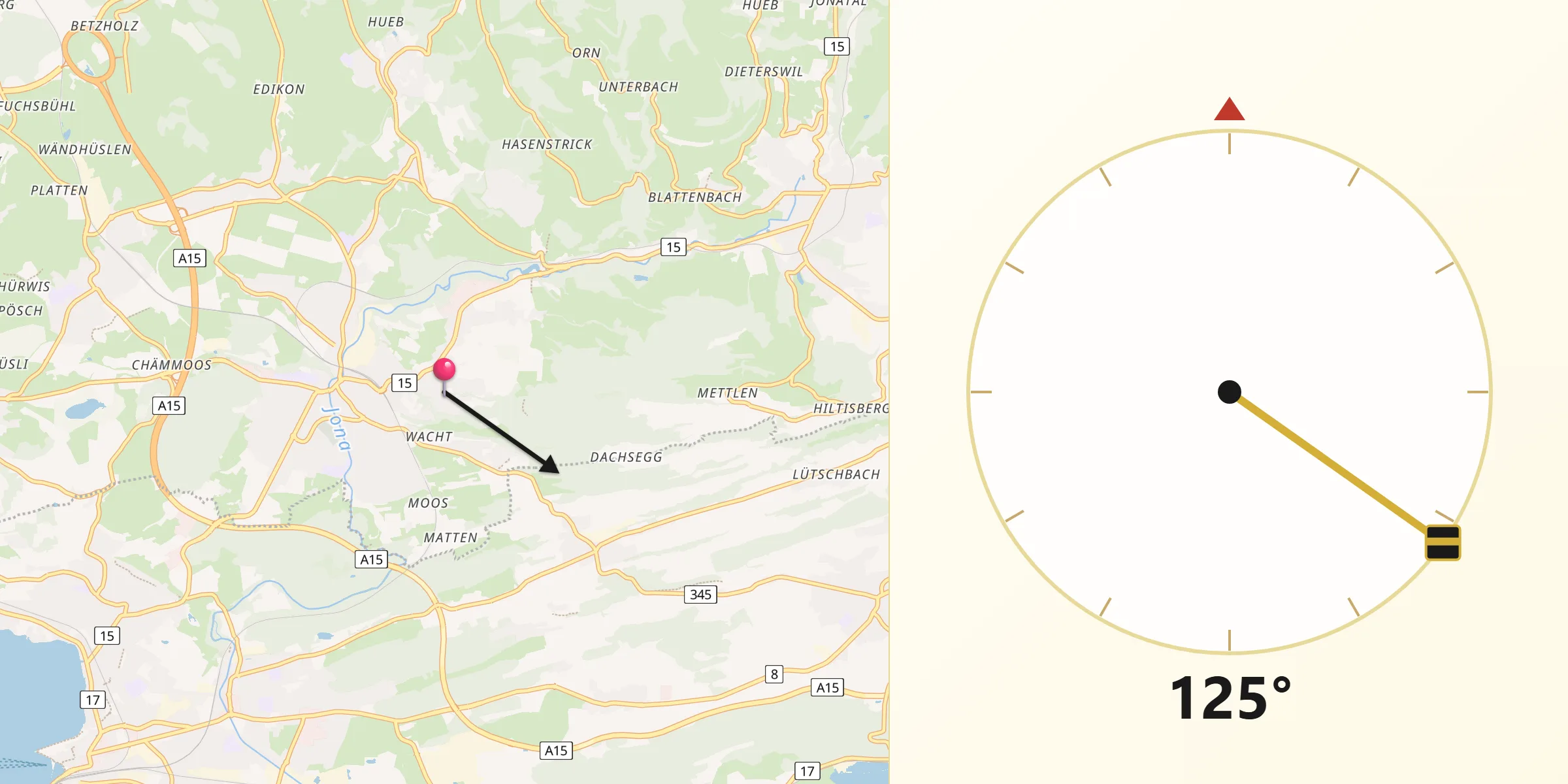 Qibla-Richtung von Rüti / Oberdorf