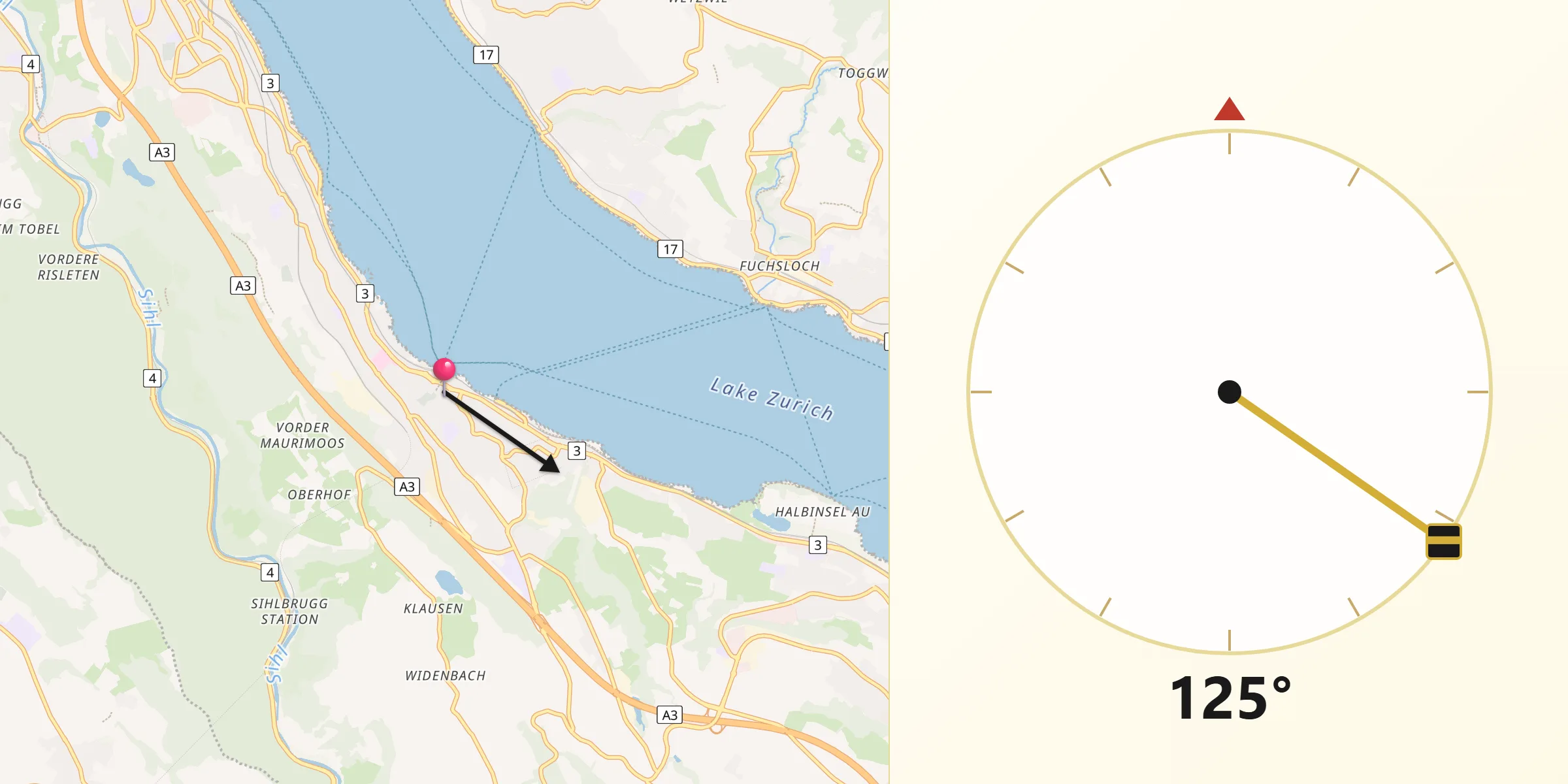 Direction vers la Qibla depuis Horgen
