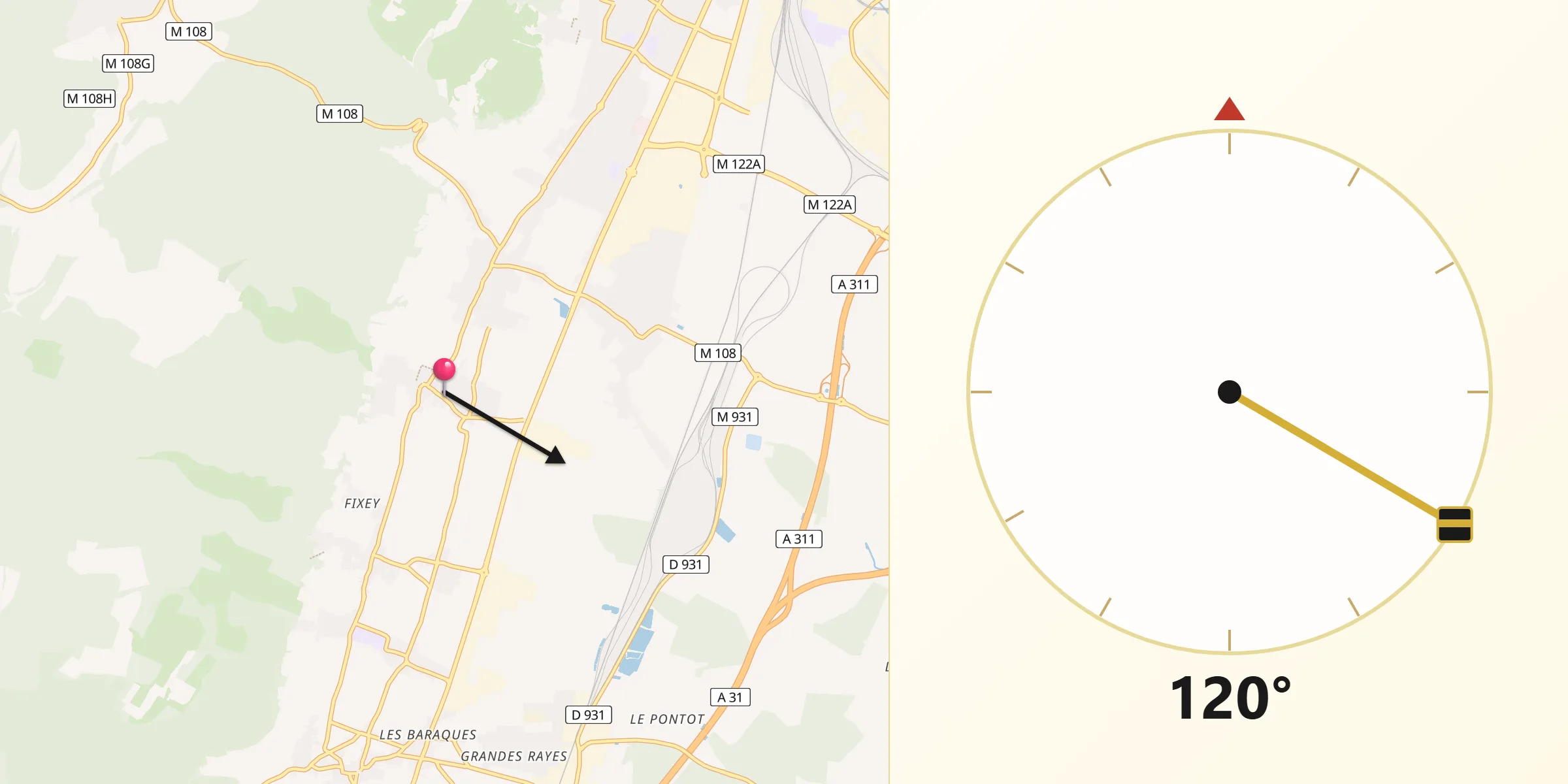 Direction vers la Qibla depuis Couchey