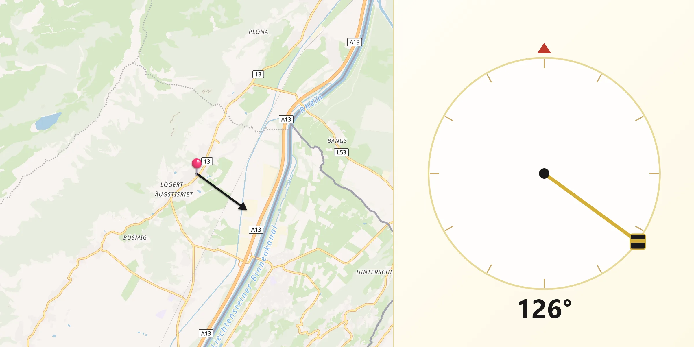 Direction vers la Qibla depuis Sennwald