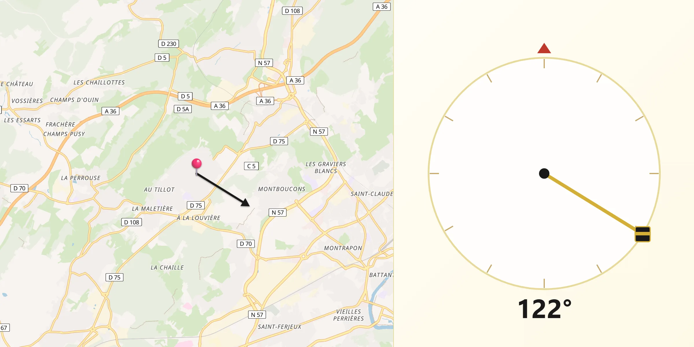Direction vers la Qibla depuis Pirey