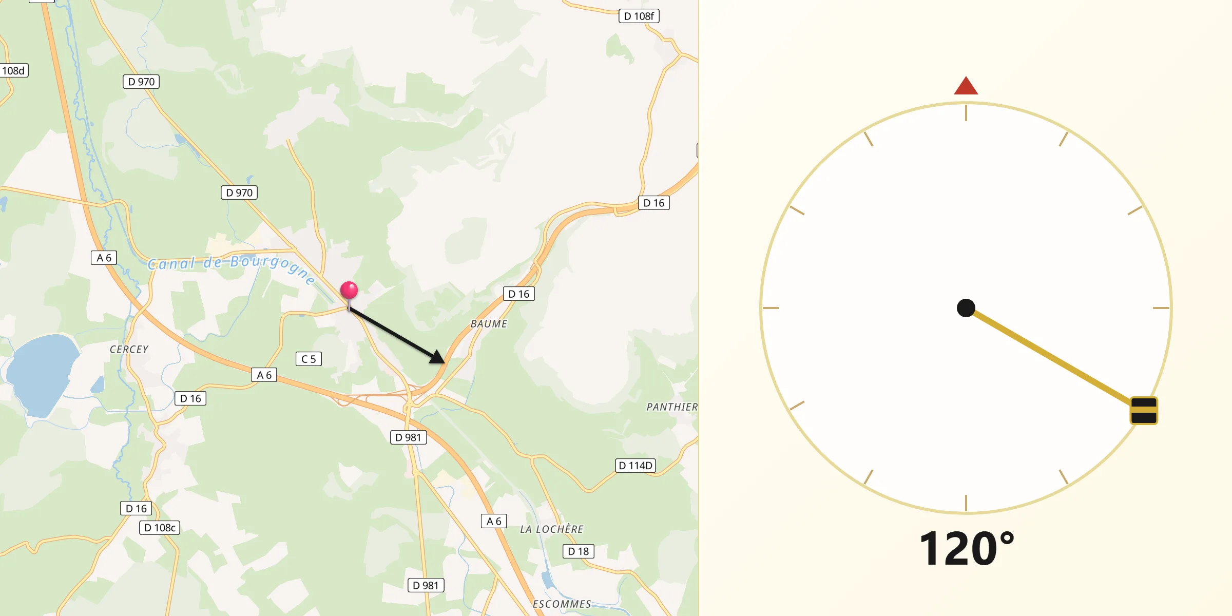 Direction vers la Qibla depuis Pouilly-en-Auxois