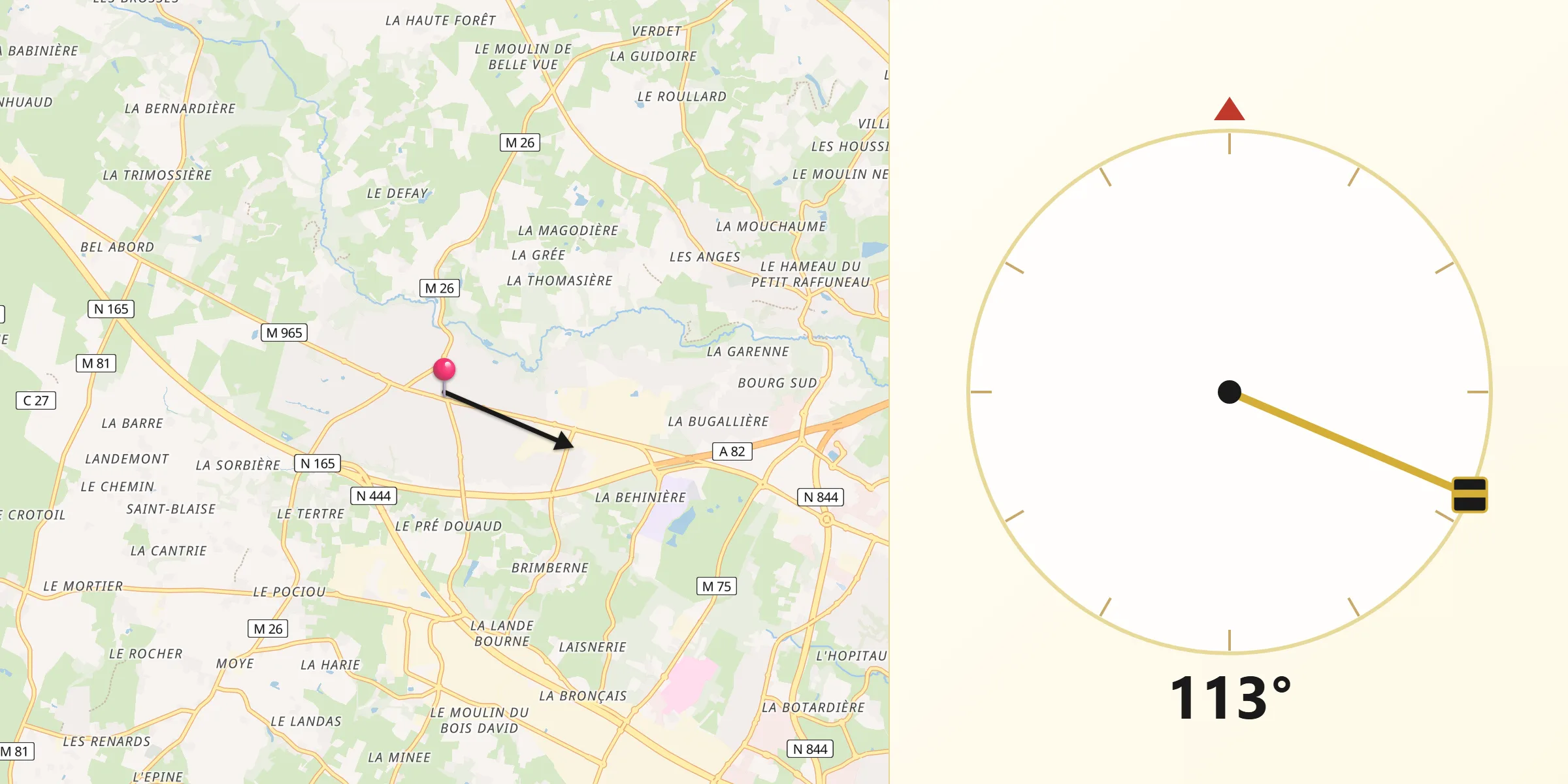 Direction vers la Qibla depuis Sautron