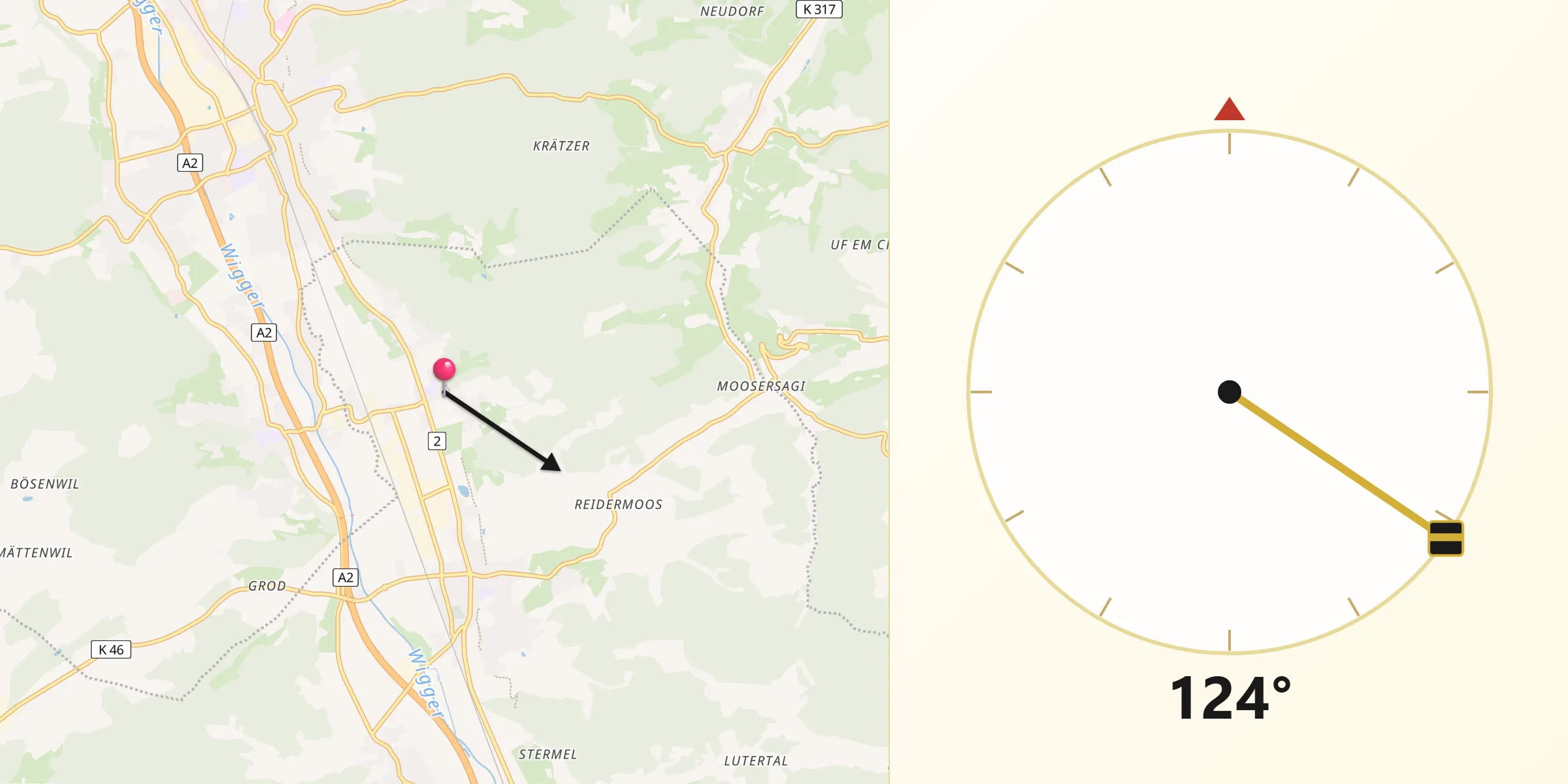 Direction vers la Qibla depuis Wikon