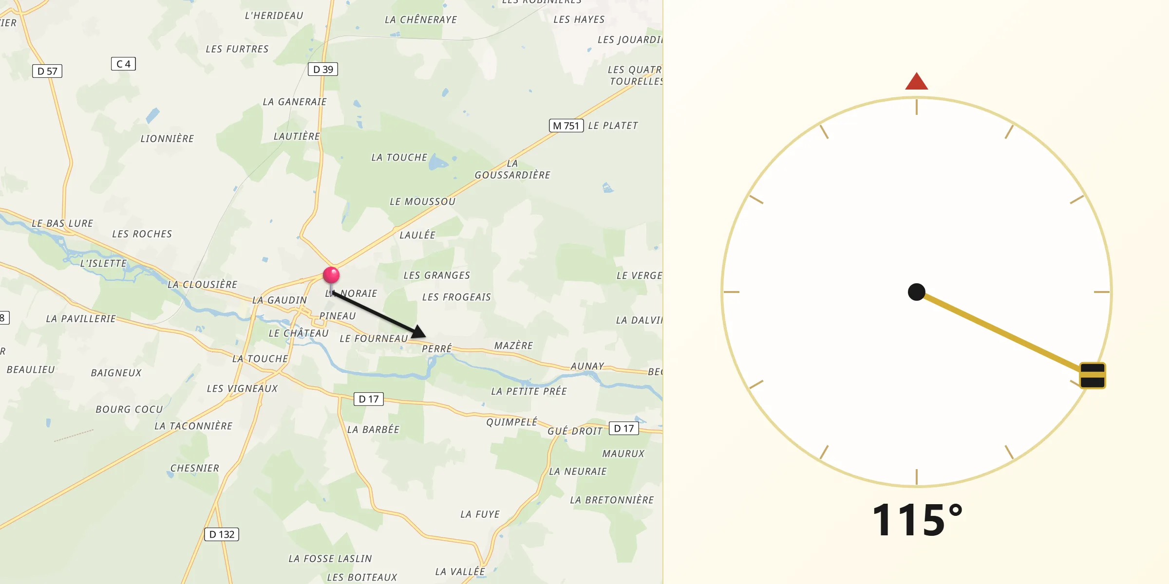 Direction vers la Qibla depuis Azay-le-Rideau