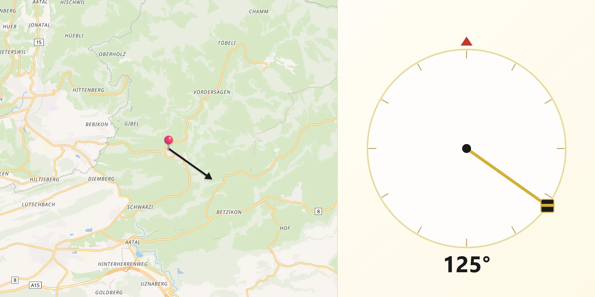 Direction vers la Qibla depuis Goldingen