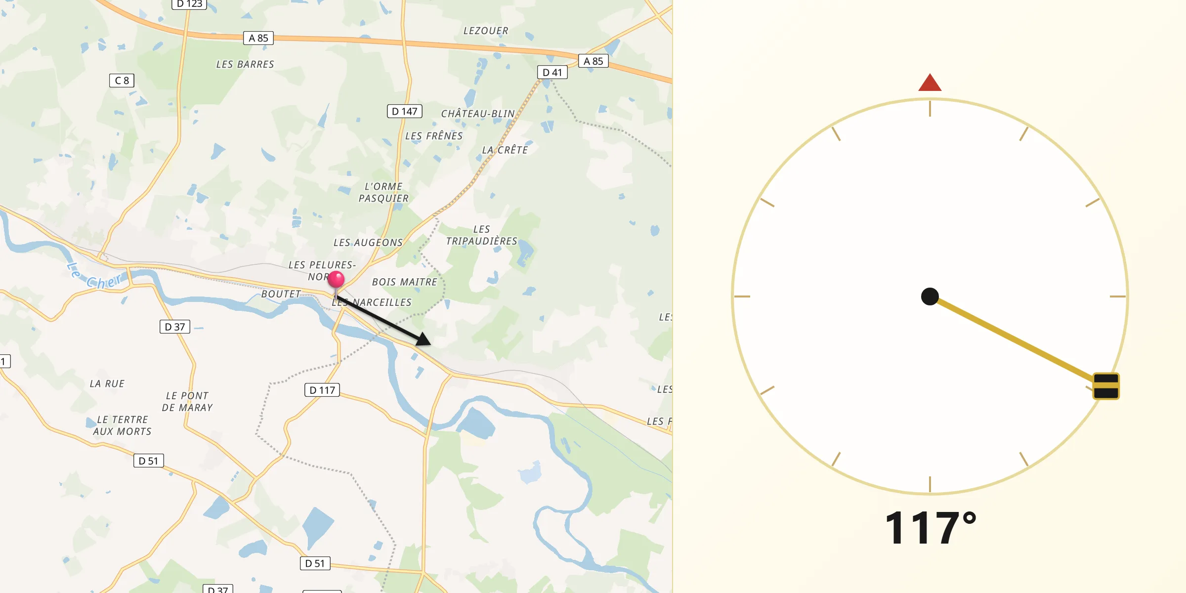 Direction vers la Qibla depuis Châtres-sur-Cher