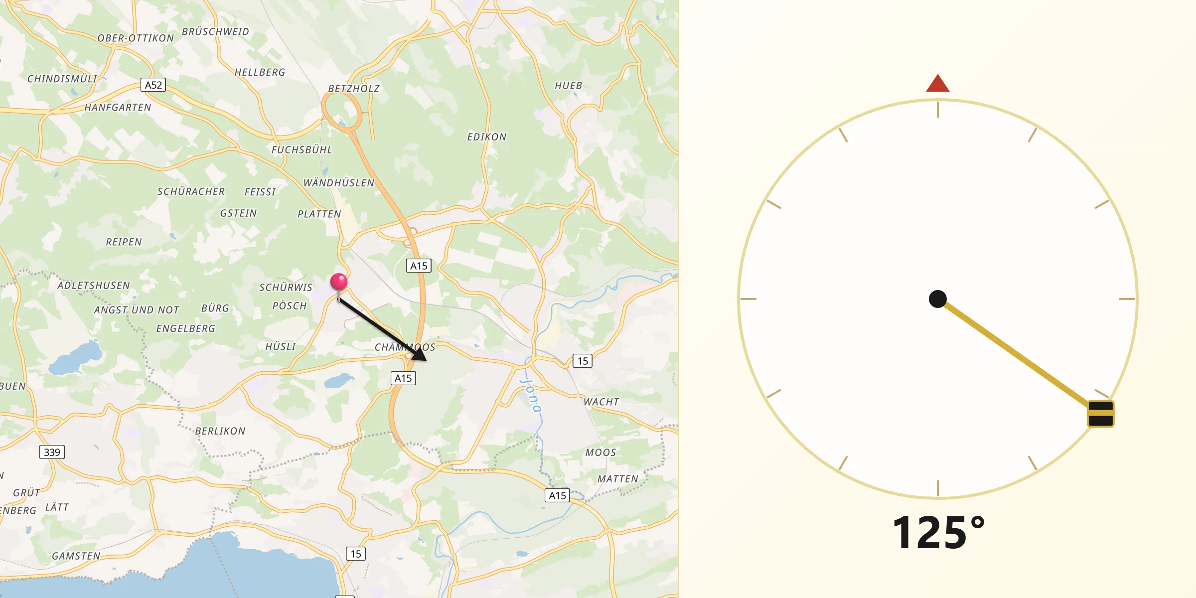 Direction vers la Qibla depuis Bubikon