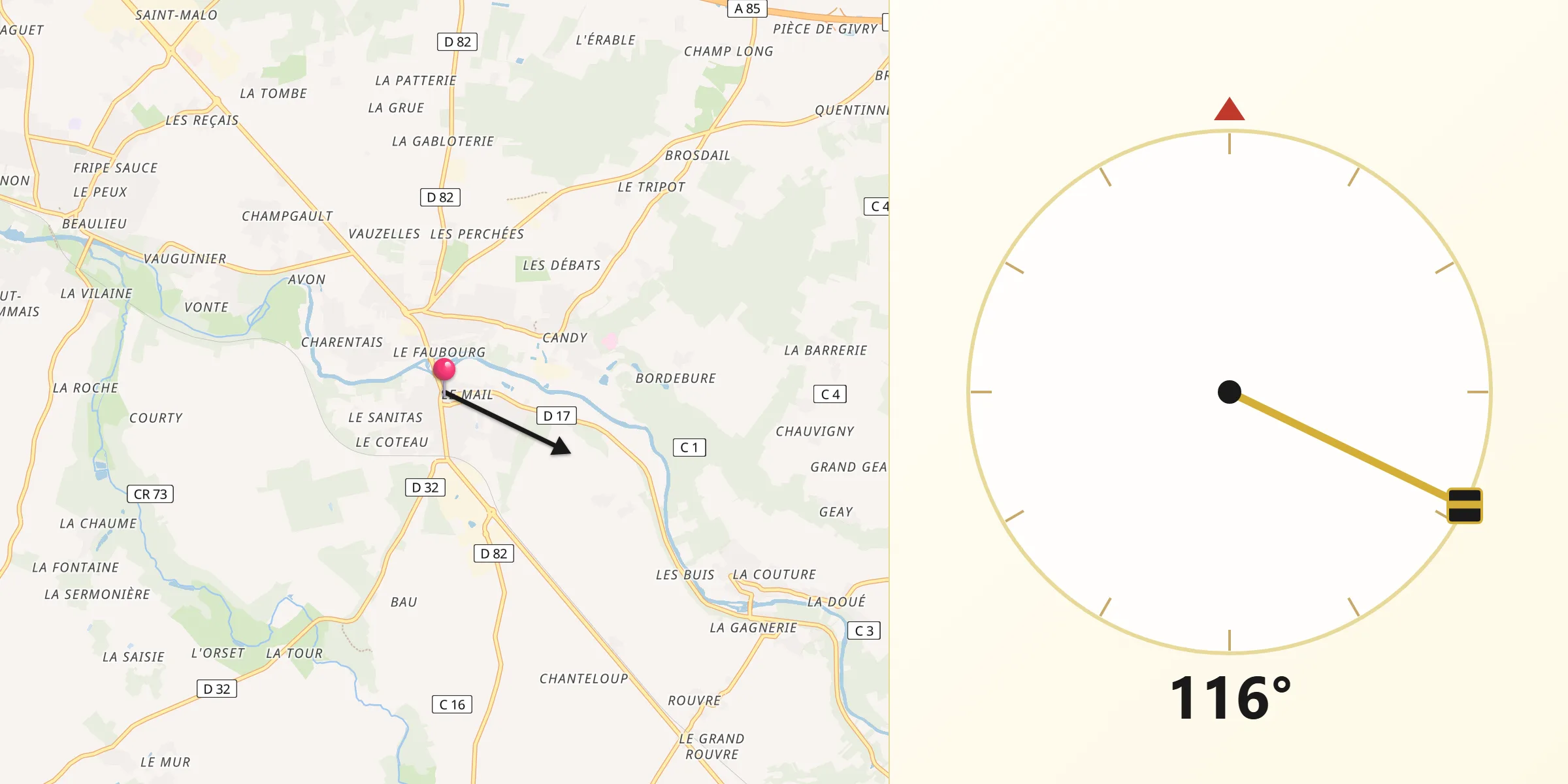 Direction vers la Qibla depuis Cormery