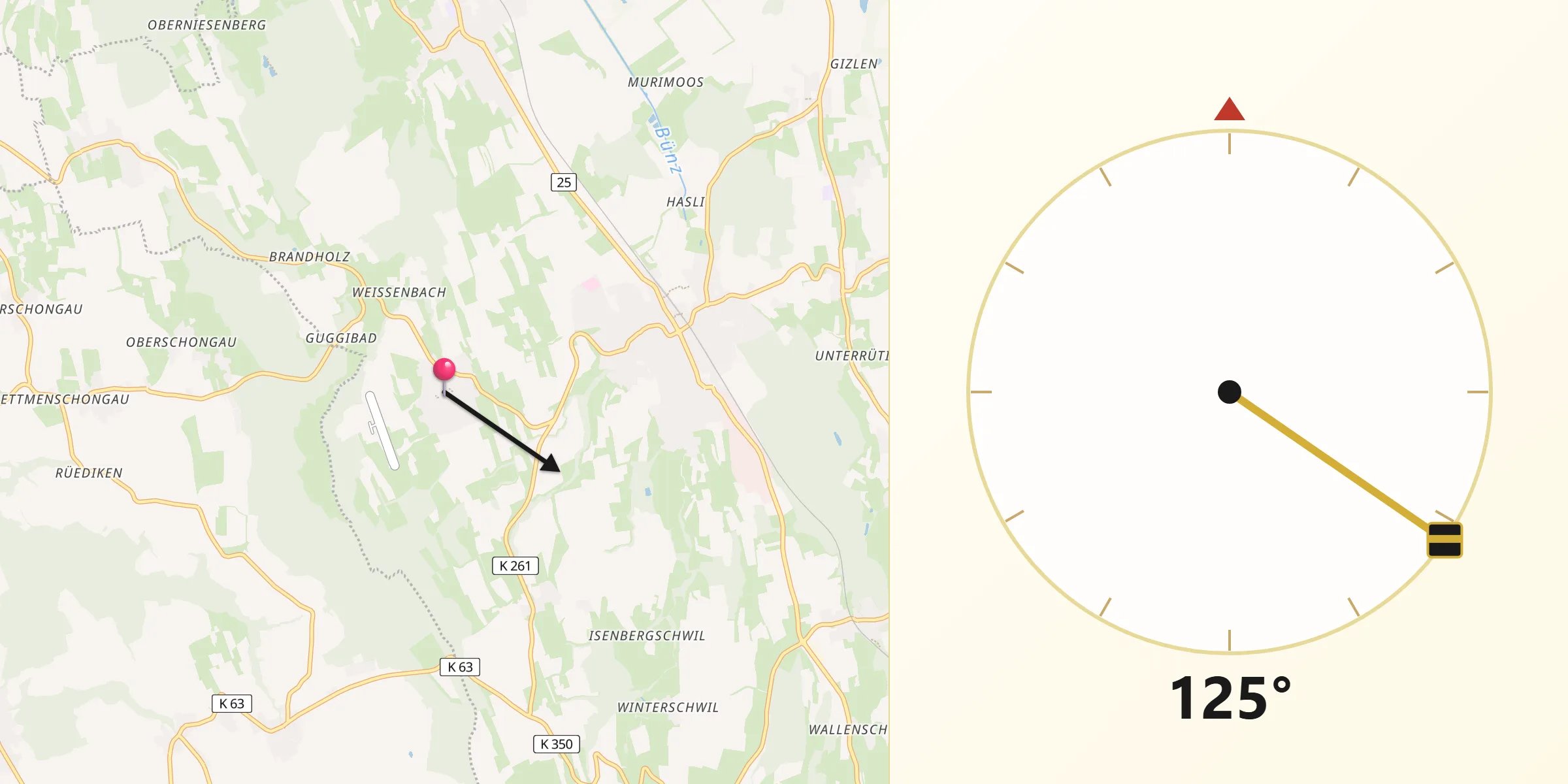 Direction vers la Qibla depuis Buttwil