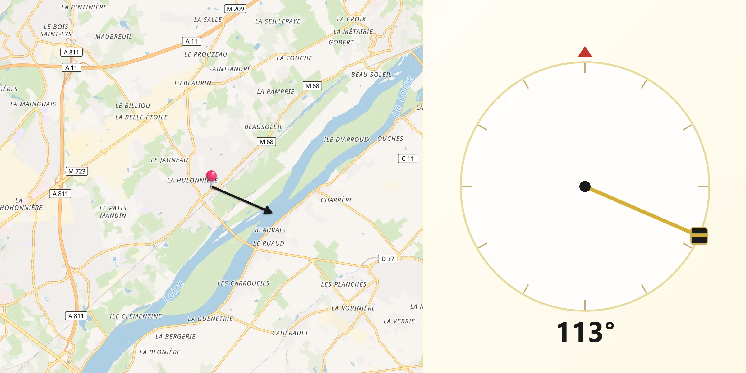 Direction vers la Qibla depuis Thouaré-sur-Loire