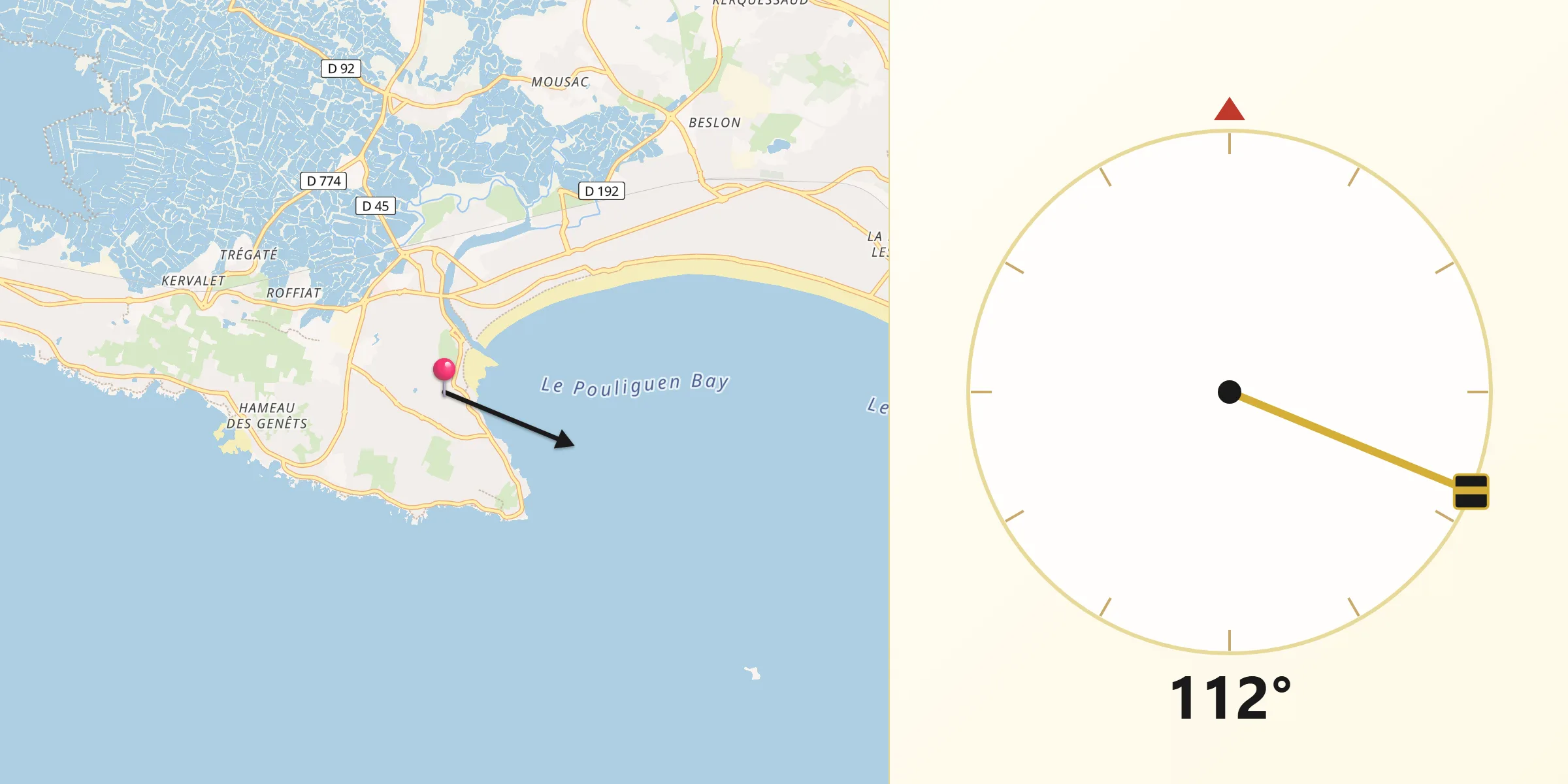 Direction vers la Qibla depuis Le Pouliguen