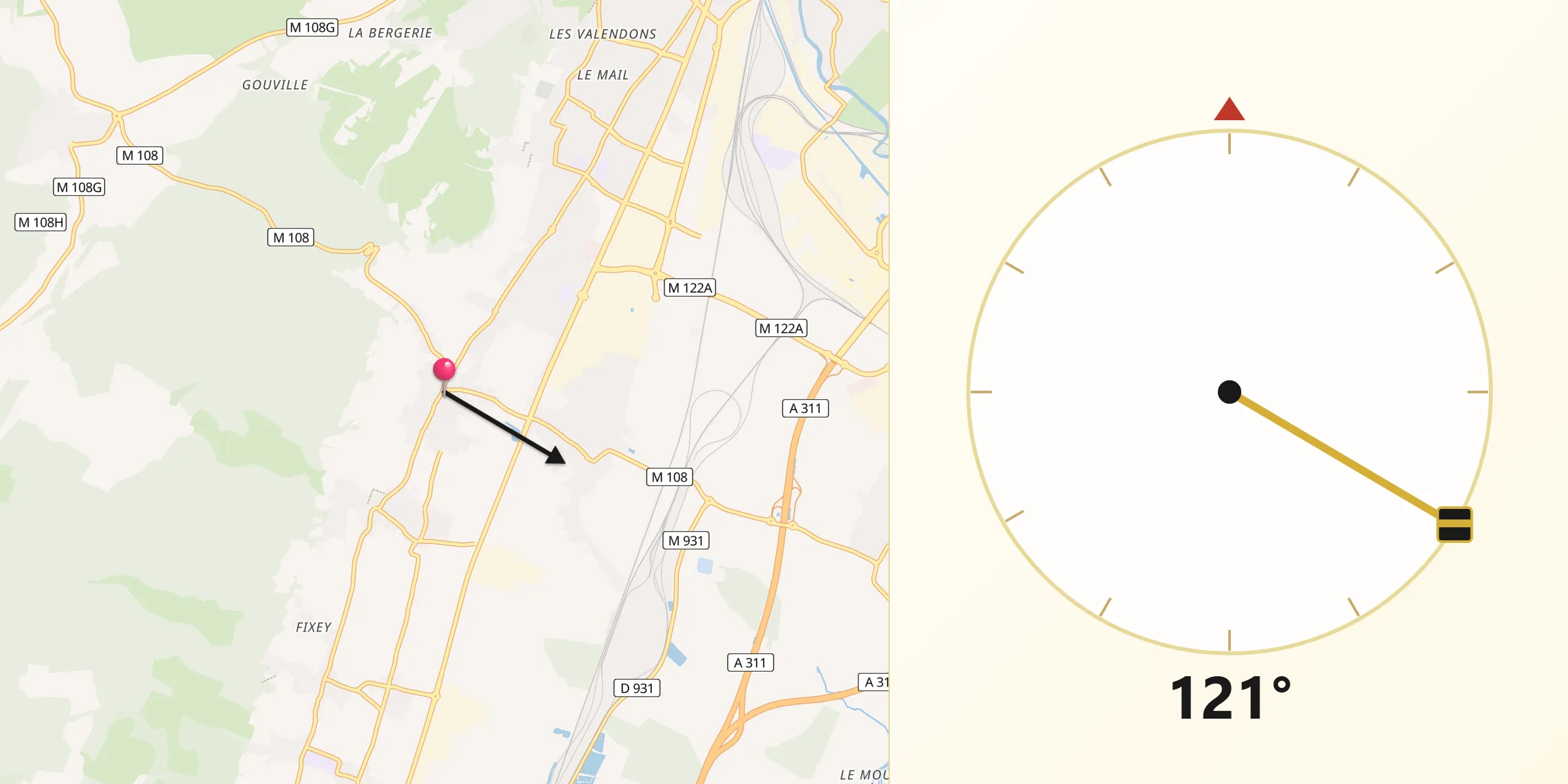 Direction vers la Qibla depuis Marsannay-la-Côte