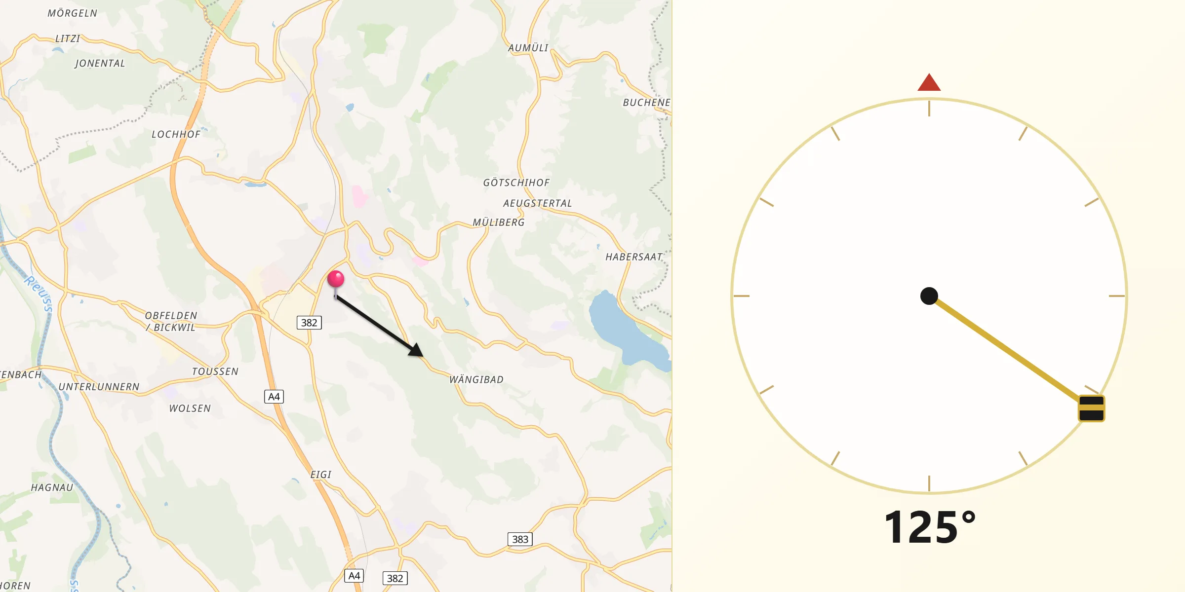 Direzione della Qibla da Affoltern / Hasenbüel