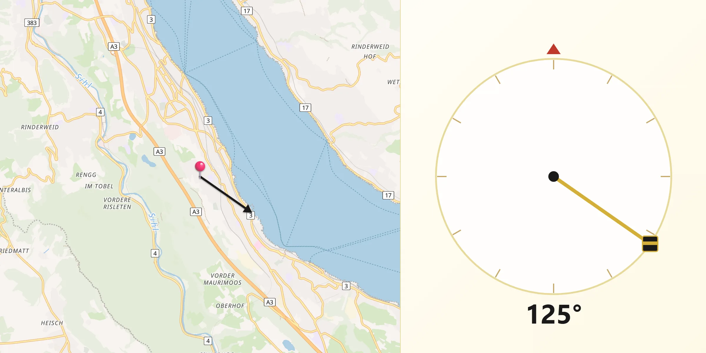 Direzione della Qibla da Oberrieden / Berg
