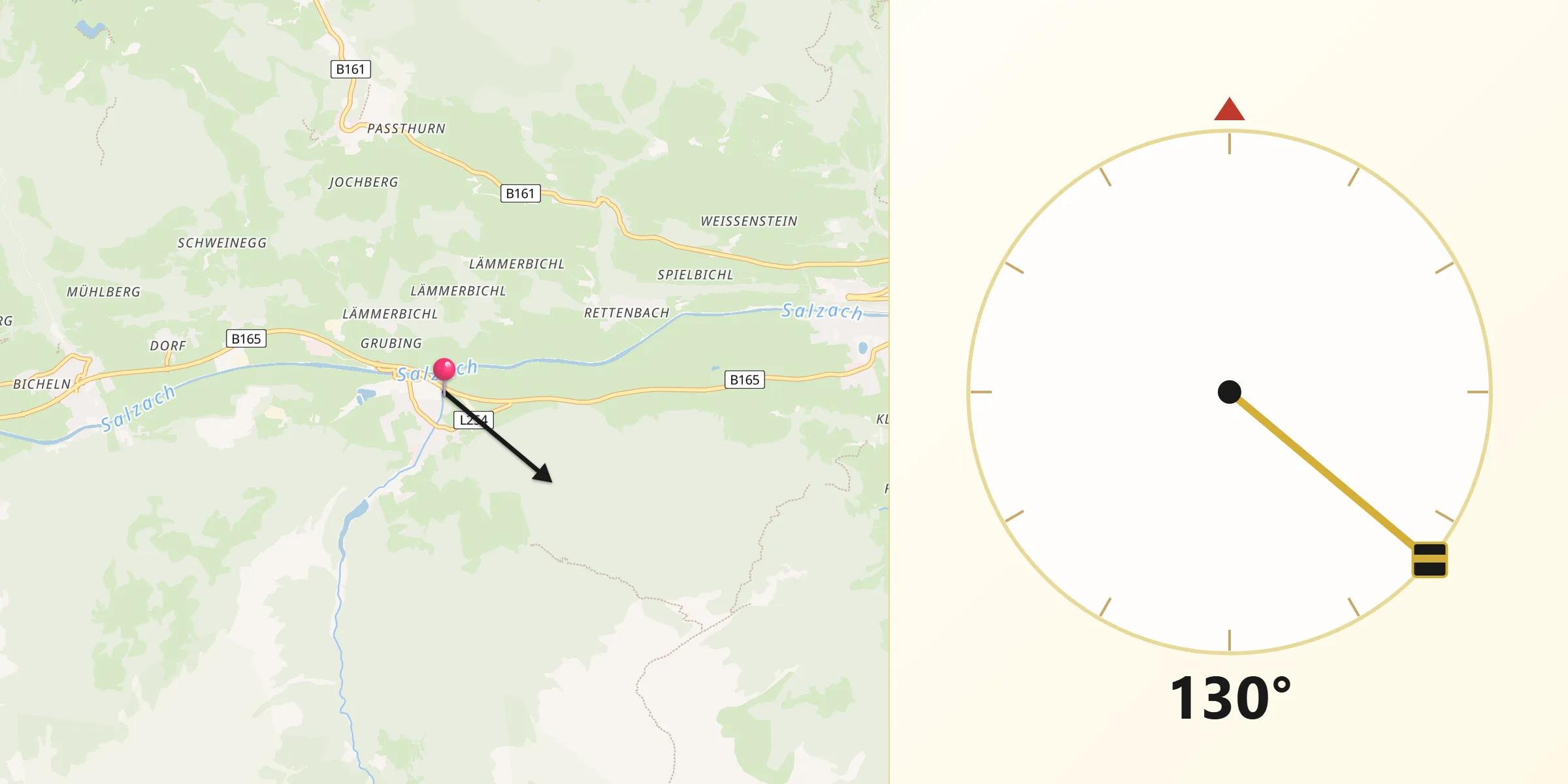 Qibla-Richtung von Hollersbach im Pinzgau