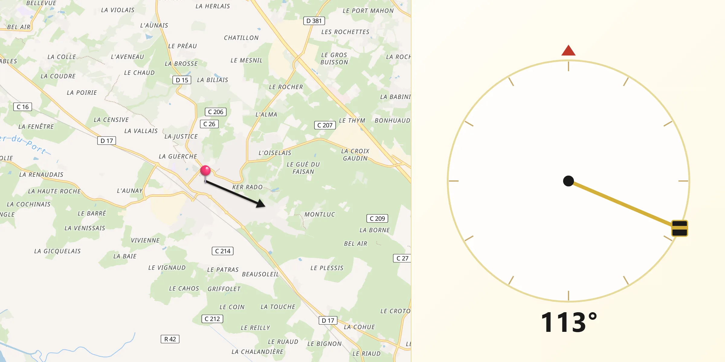 Direction vers la Qibla depuis Saint-Étienne-de-Montluc
