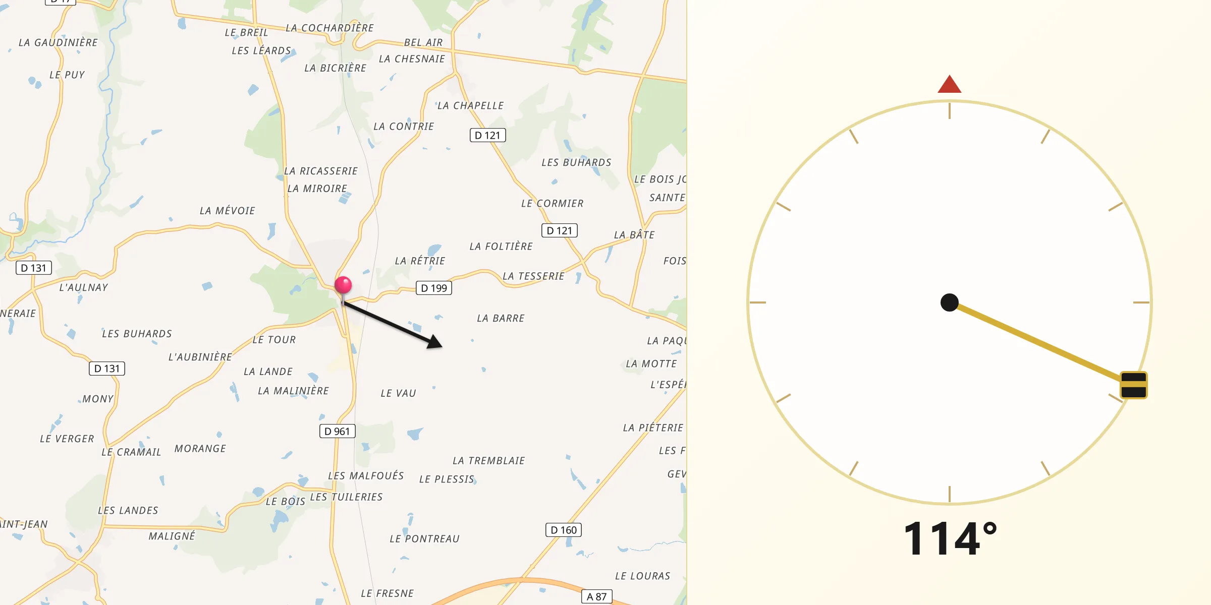 Direction vers la Qibla depuis La Jumellière
